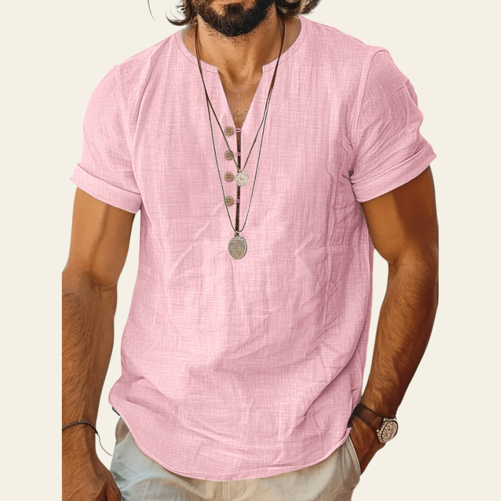 Man wearing a lightweight short sleeve cotton top in Pink