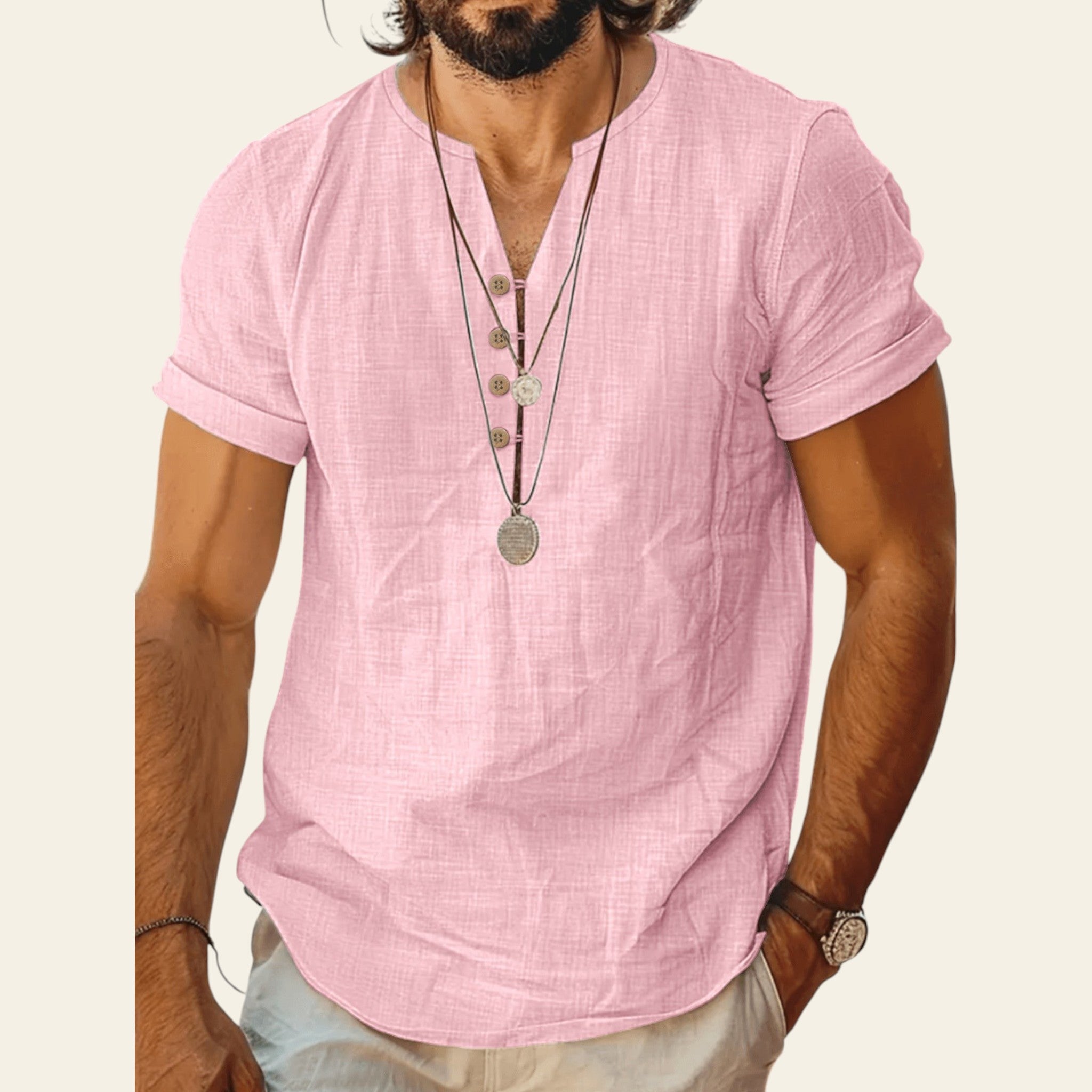 Man wearing a lightweight short sleeve cotton top in Pink