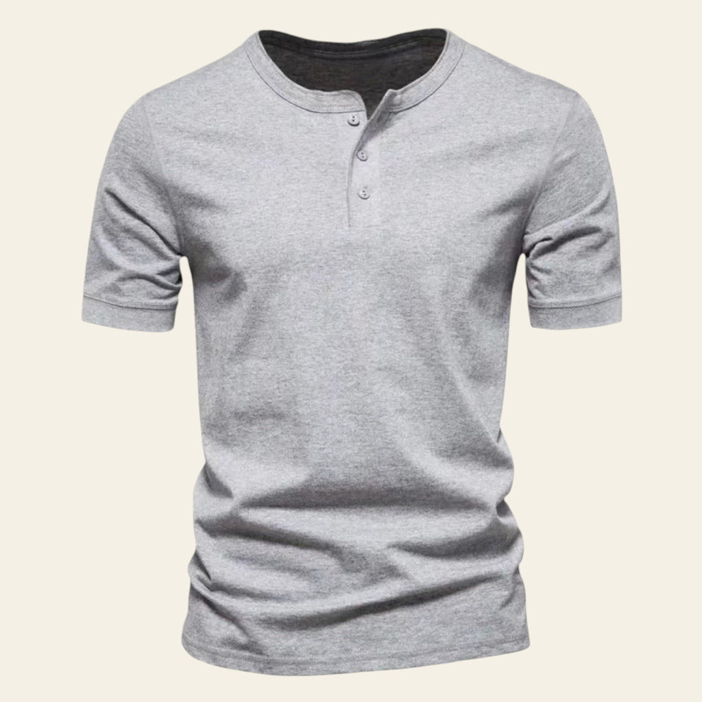 Men's gray short-sleeve henley t-shirt with crew neck on white background
