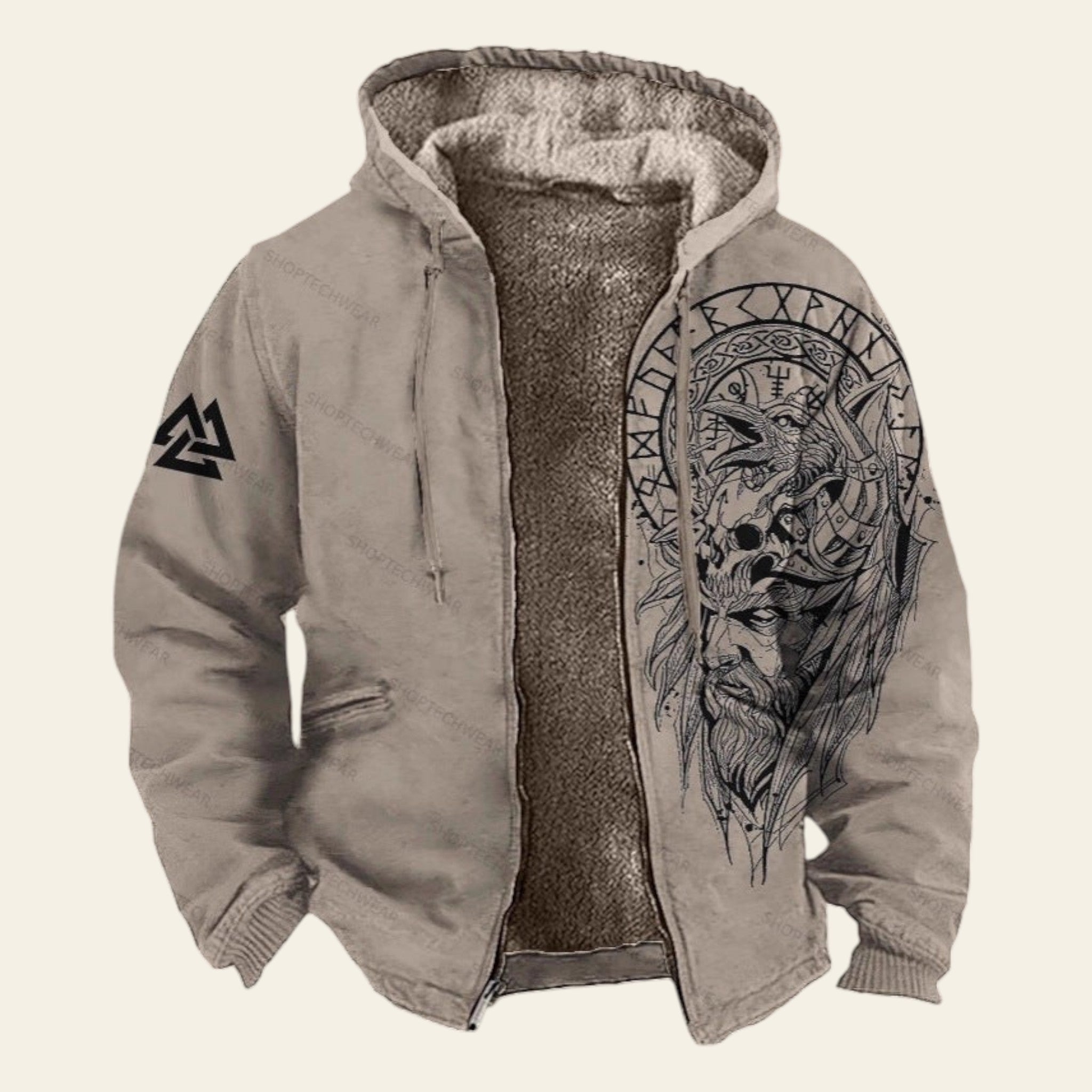 Men's gray hooded jacket with graphic sleeve print and fleece lining on textured background