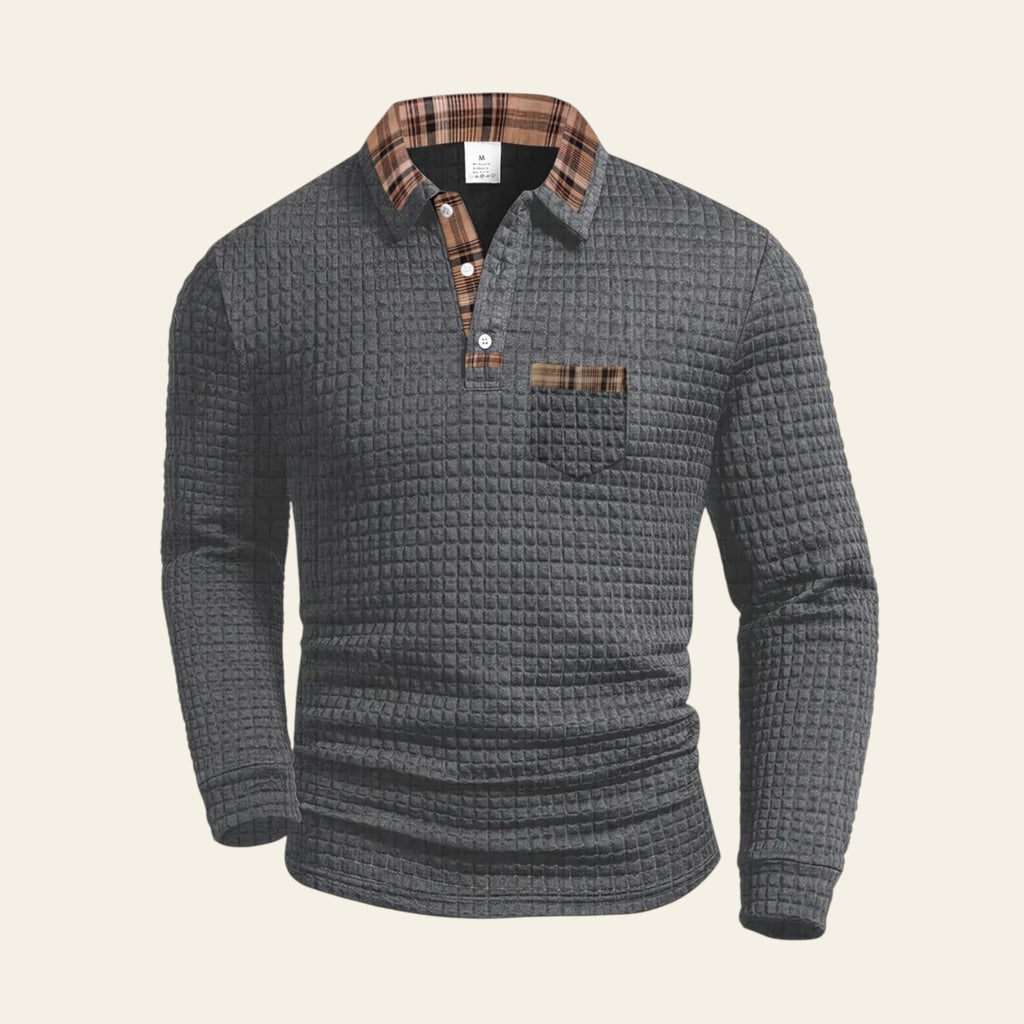 Men's textured long sleeve shirt with plaid collar- Gray color