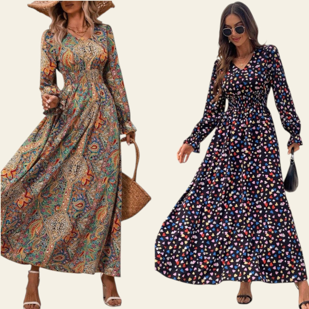 Two women wearing long sleeve floral maxi dresses in different patterns