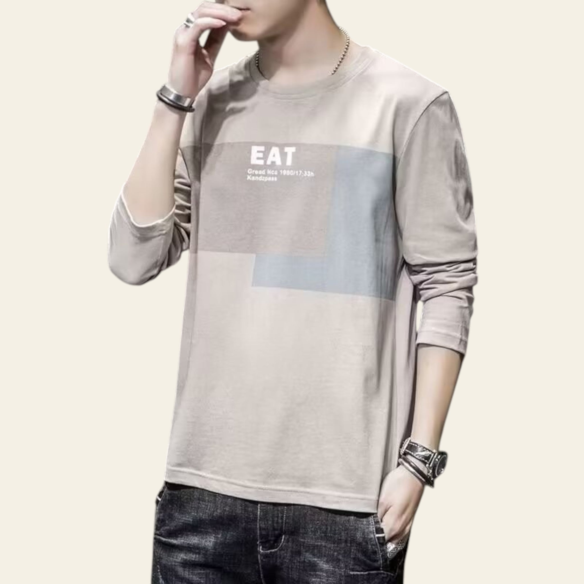 Man wearing a brown long sleeve loose fit T-shirt