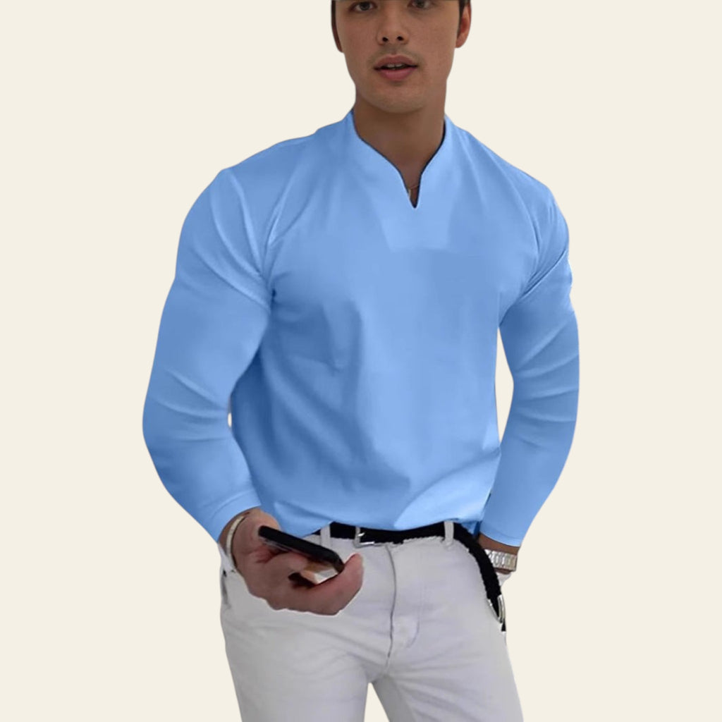 Man wearing a light blue V-neck long sleeve breathable T-shirt