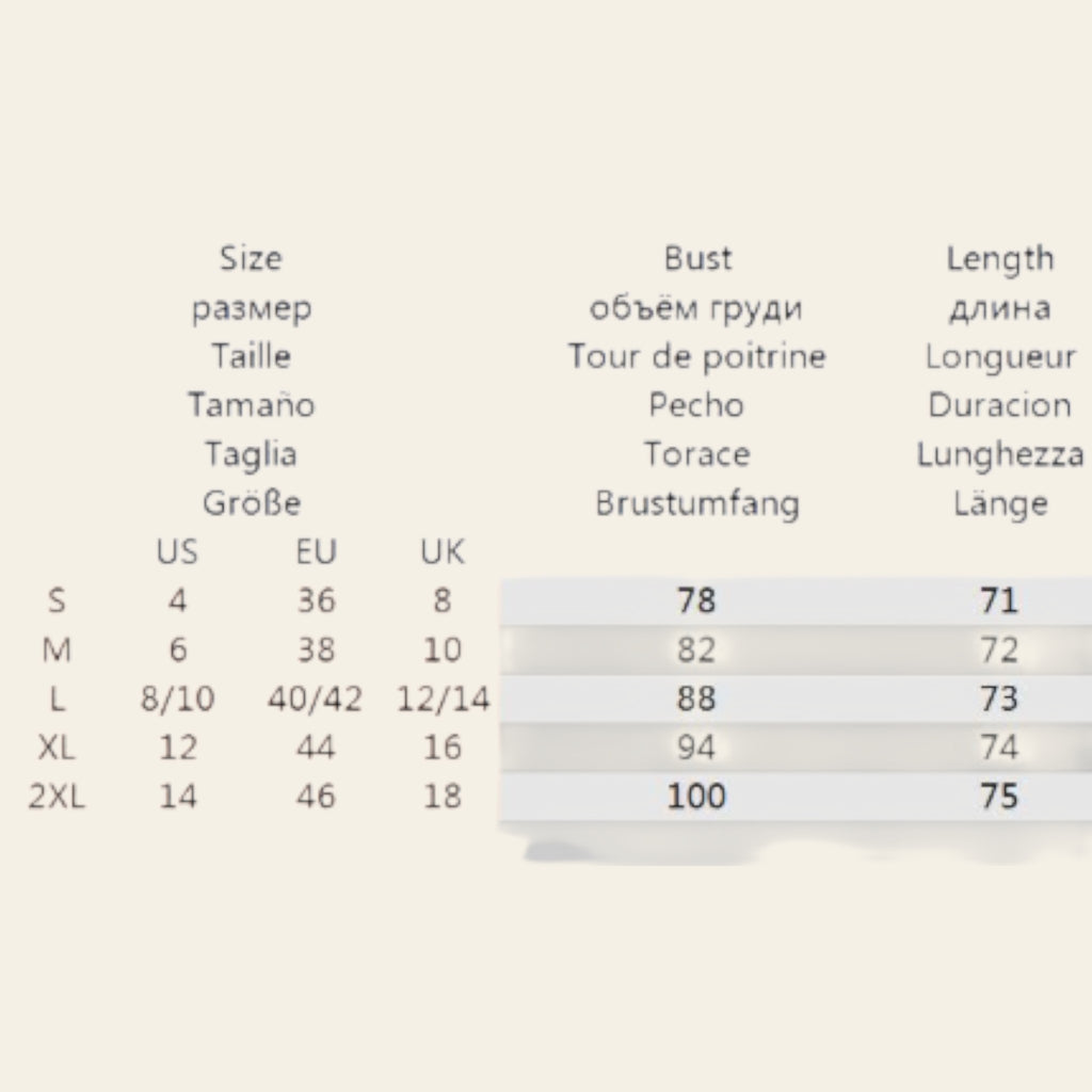 Dress size chart showing US, EU, UK sizes with bust and length measurements
