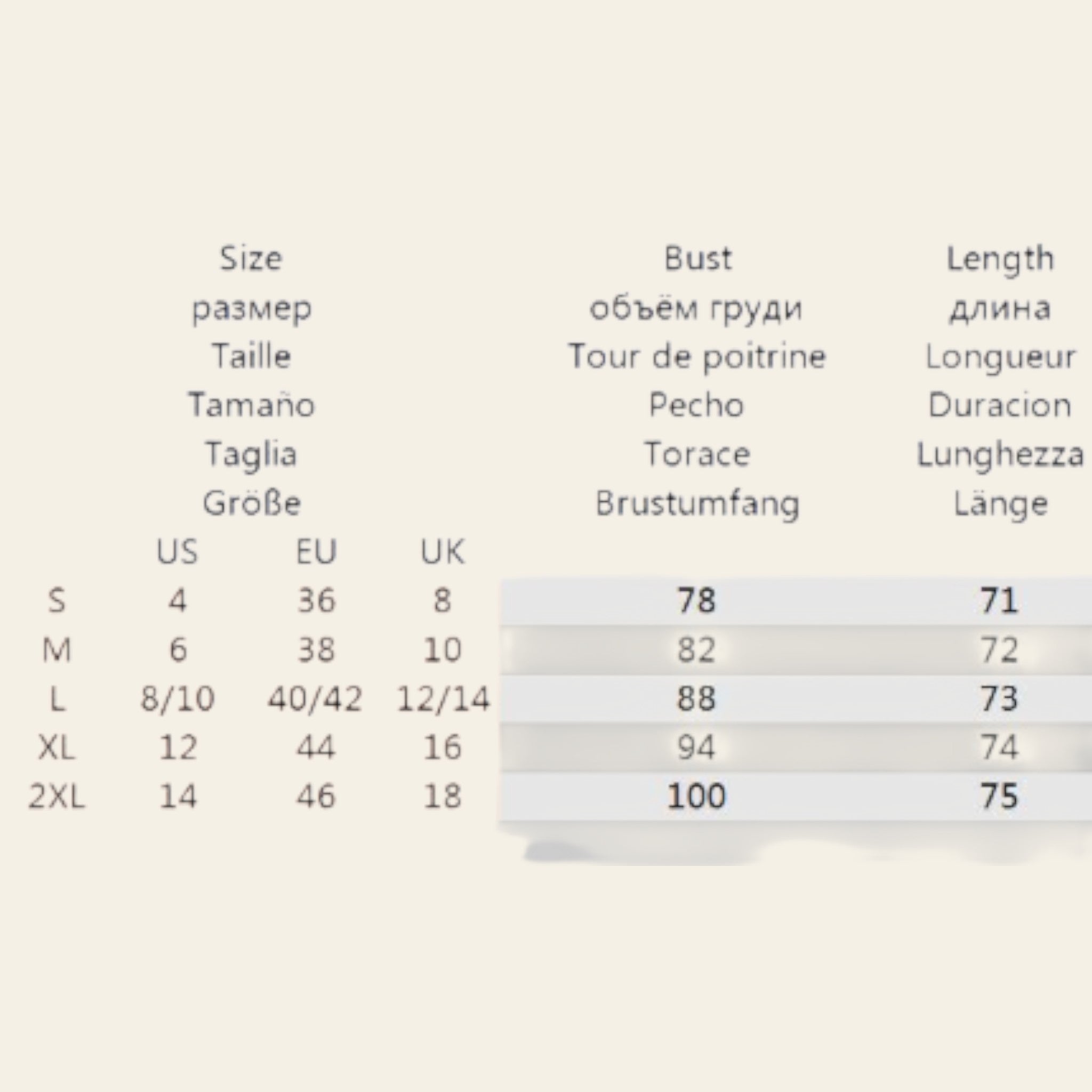 Dress size chart showing US, EU, UK sizes with bust and length measurements