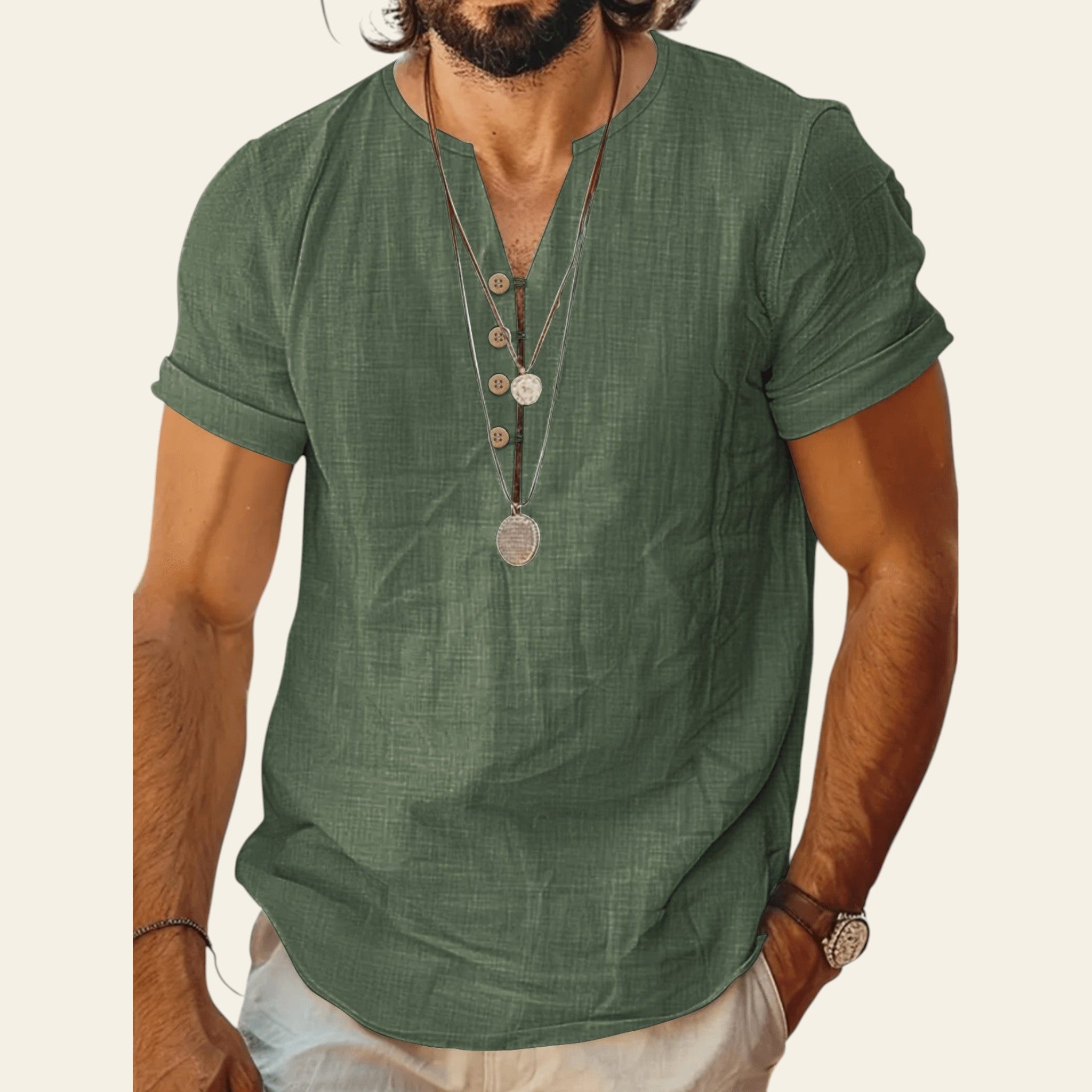 Man wearing a lightweight short sleeve cotton top in Army Green