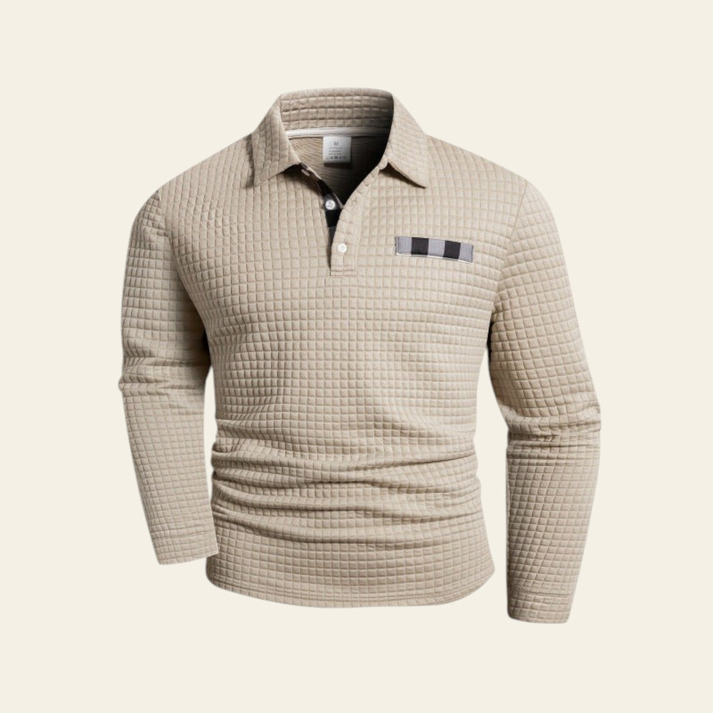 Beige textured long sleeve men's shirt with plaid collar