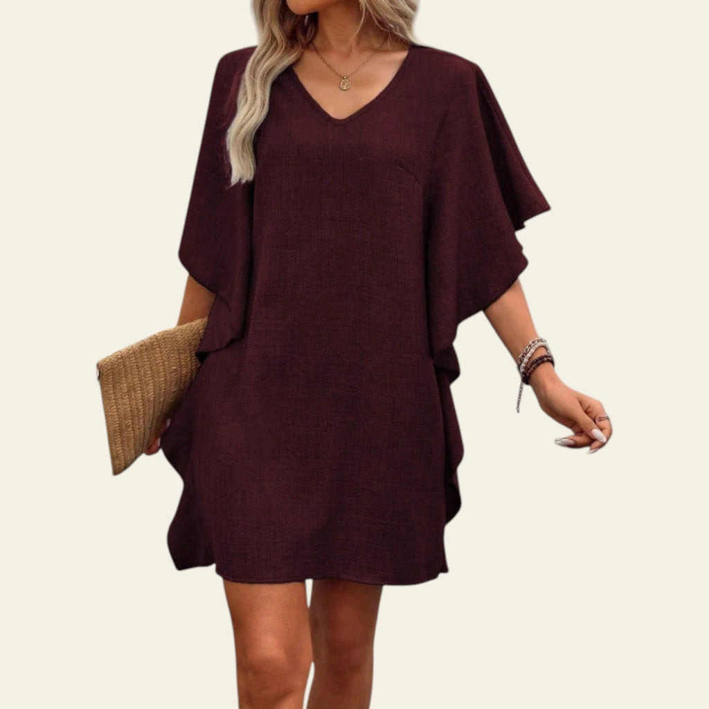 Women's burgundy loose-fit V-neck casual dress