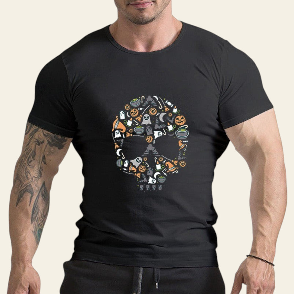 Black t-shirt with Halloween-themed design on a white background