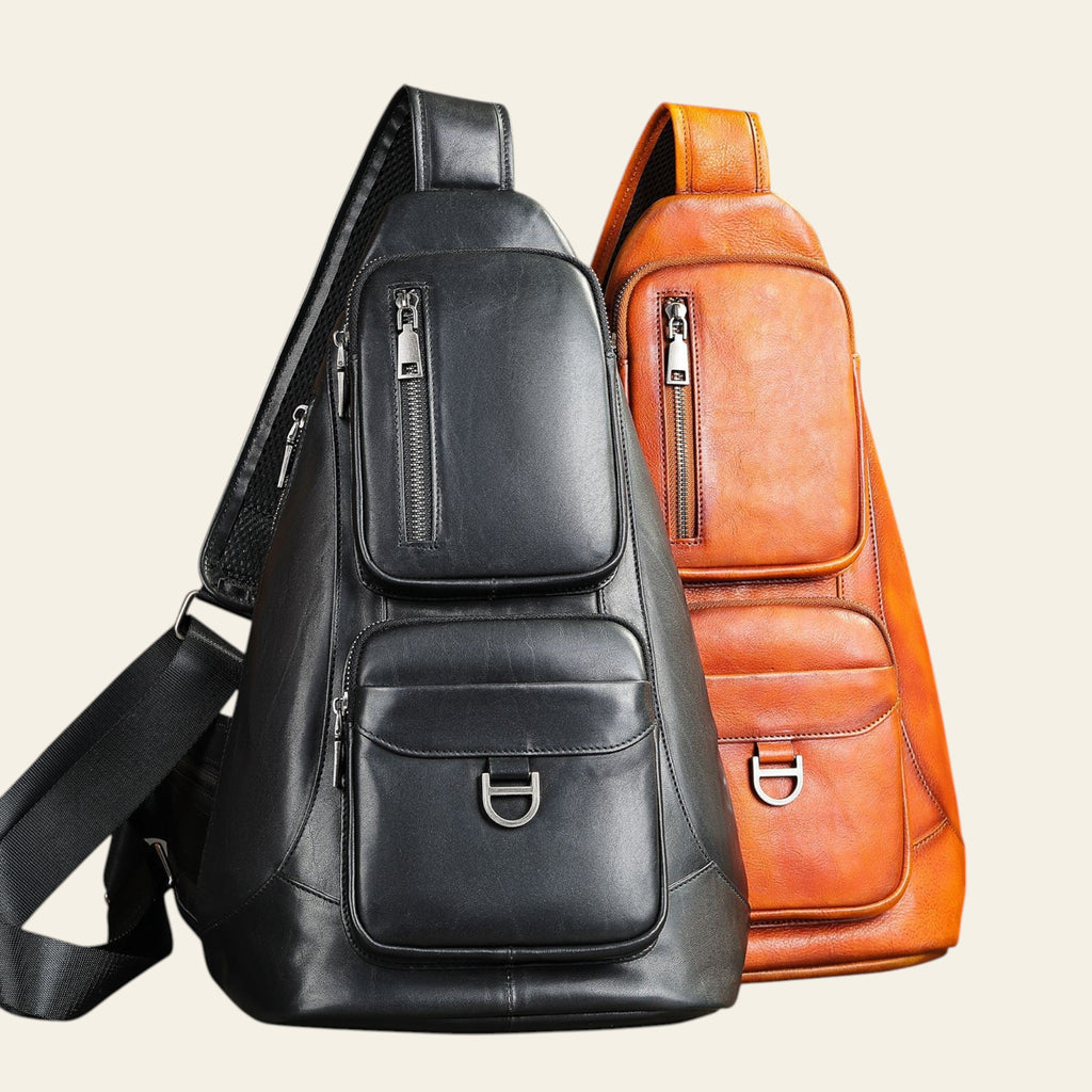 Black and brown leather sling bags on a light gray background