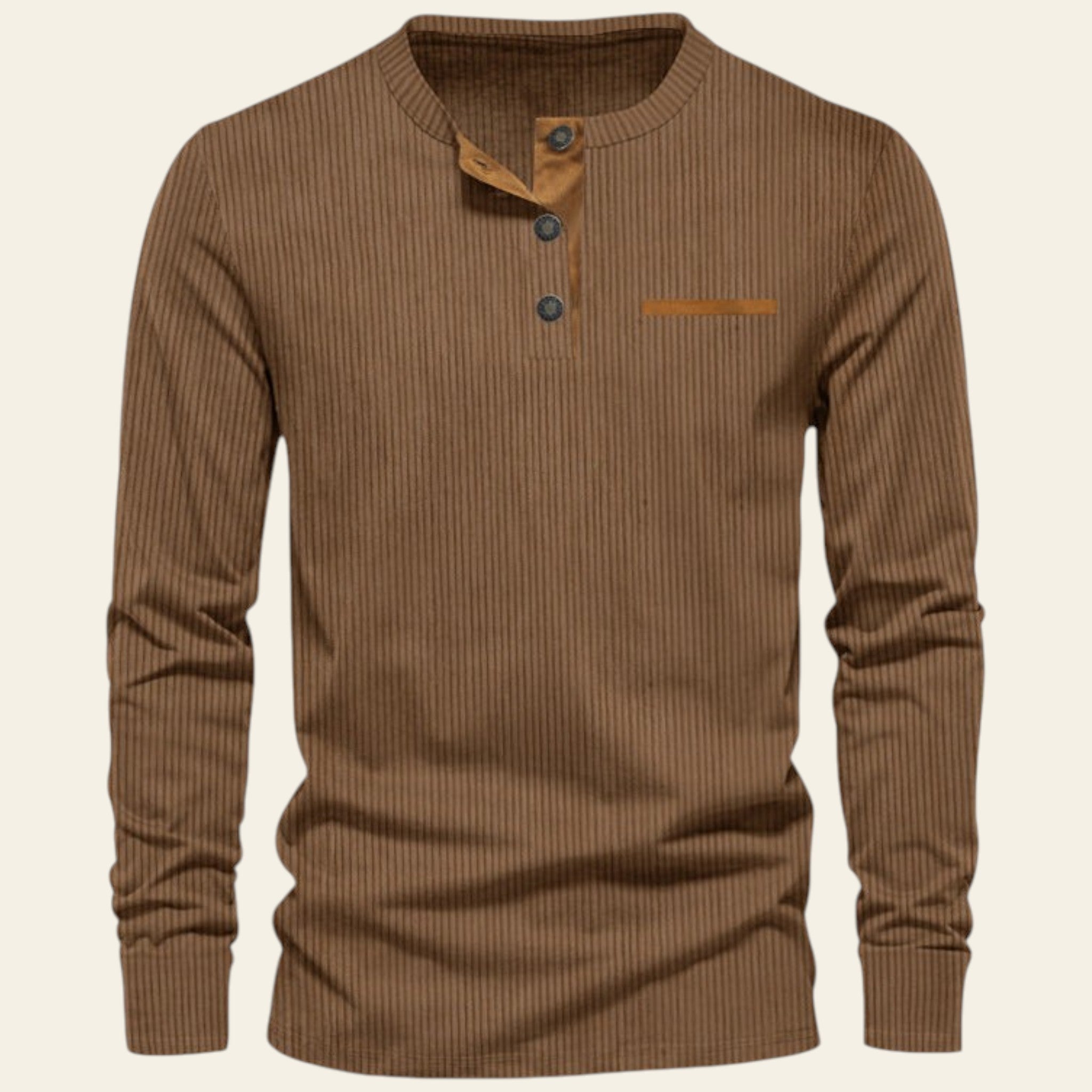 Brown ribbed long-sleeve shirt with buttons on a white background