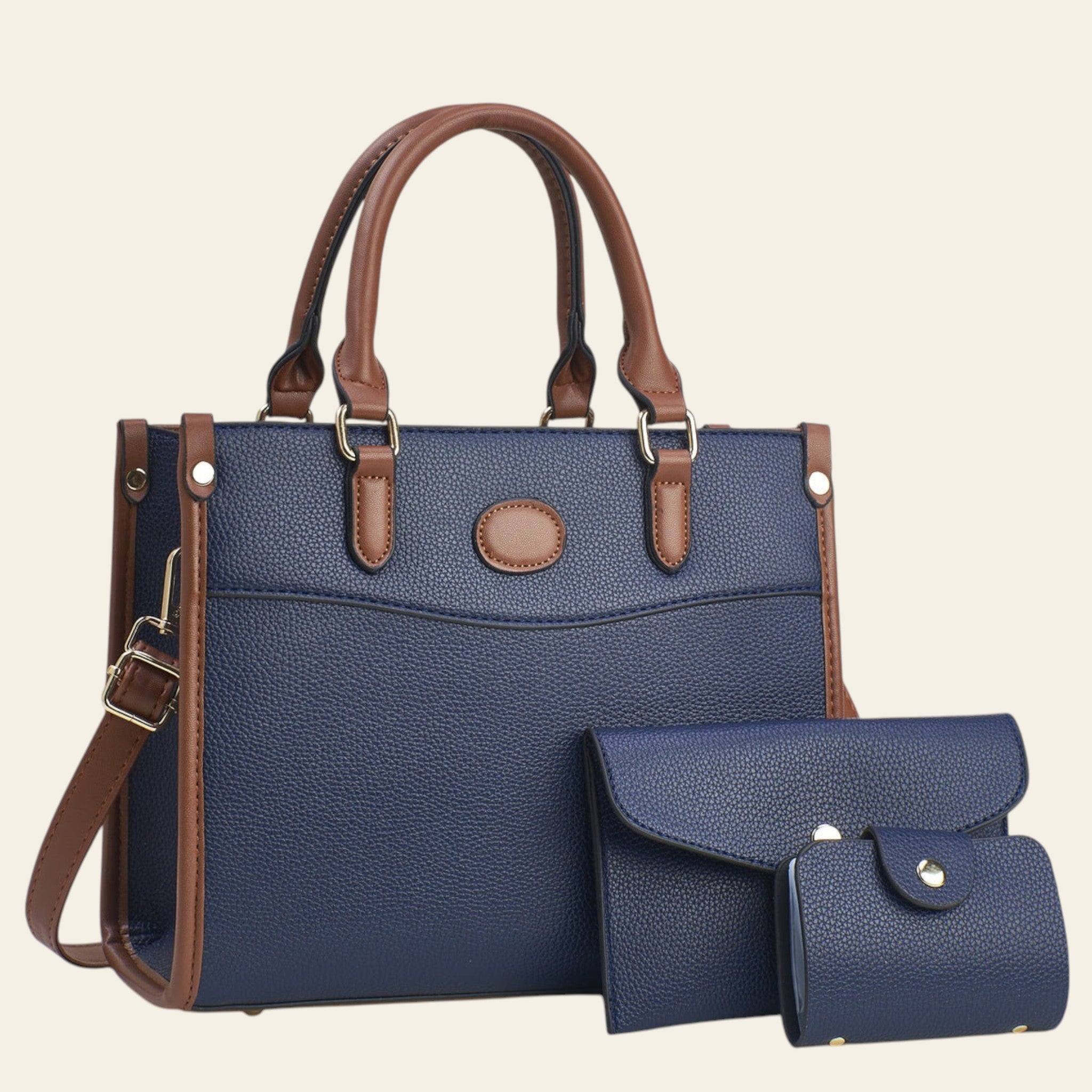 Blue handbag with brown handles and accents on a light background