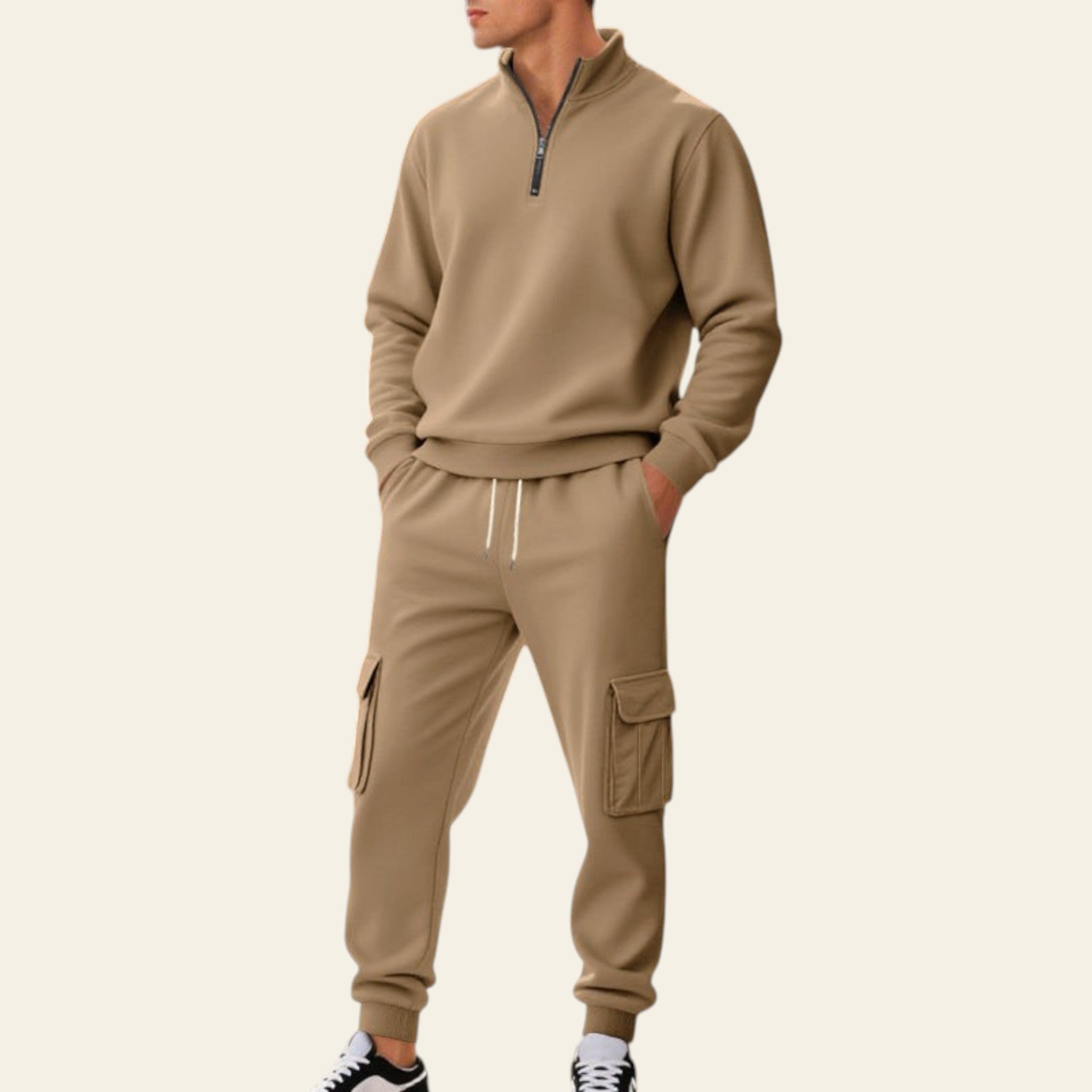 Man wearing a camel fleece-lined tracksuit set with zip-up jacket and jogger pants on a city street