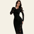 Woman wearing a black lace-panel long sleeve bodycon maxi dress with sheer lace details, elegant fitted silhouette