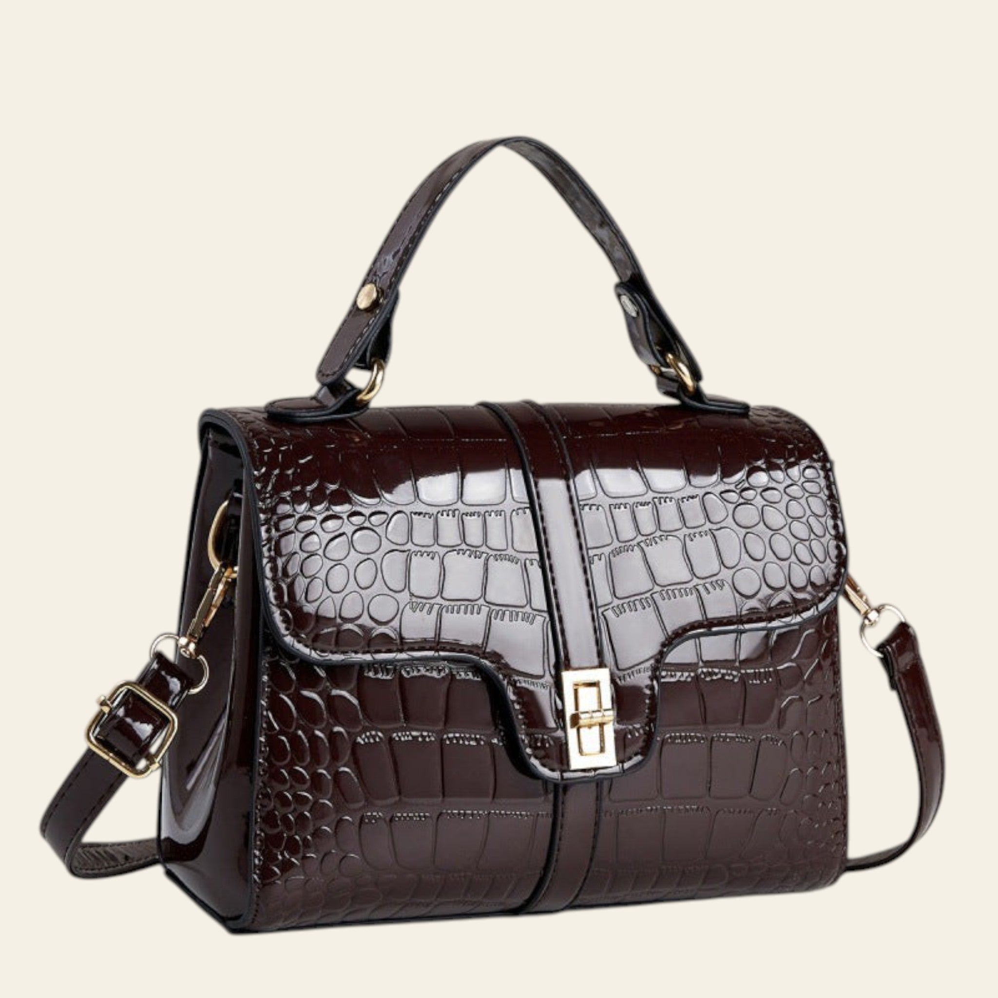 Brown textured handbag on a light surface with a neutral background