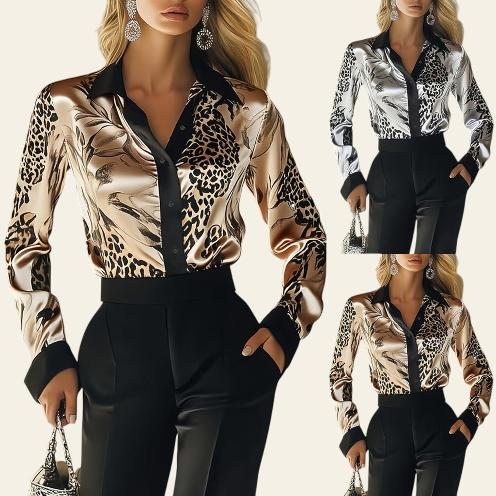 Woman wearing a leopard print blouse with black accents and black pants, holding a handbag.