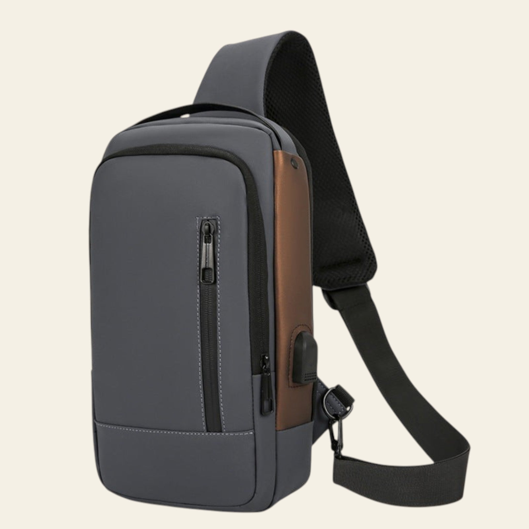 Gray shoulder bag with a brown accent on a white background