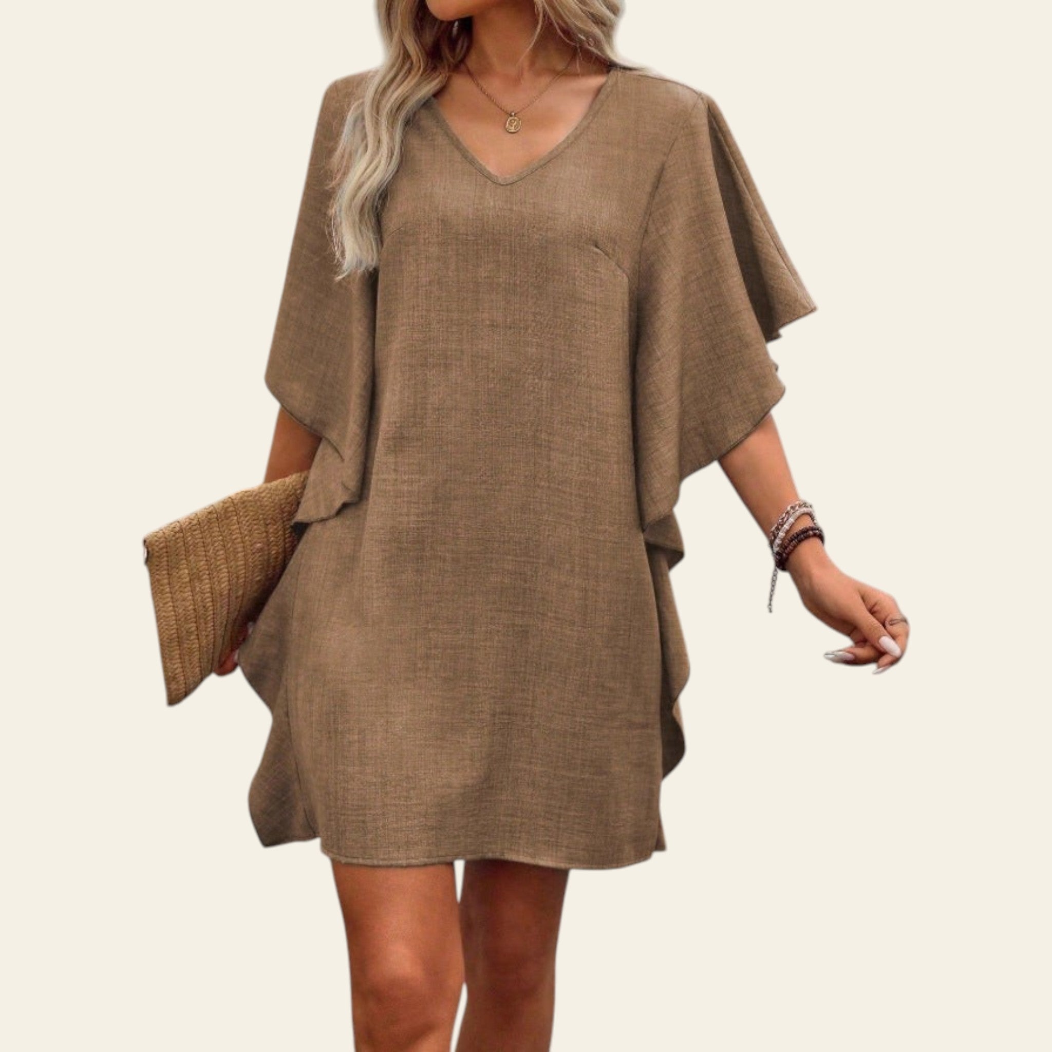 Women's brown loose-fit V-neck casual dress