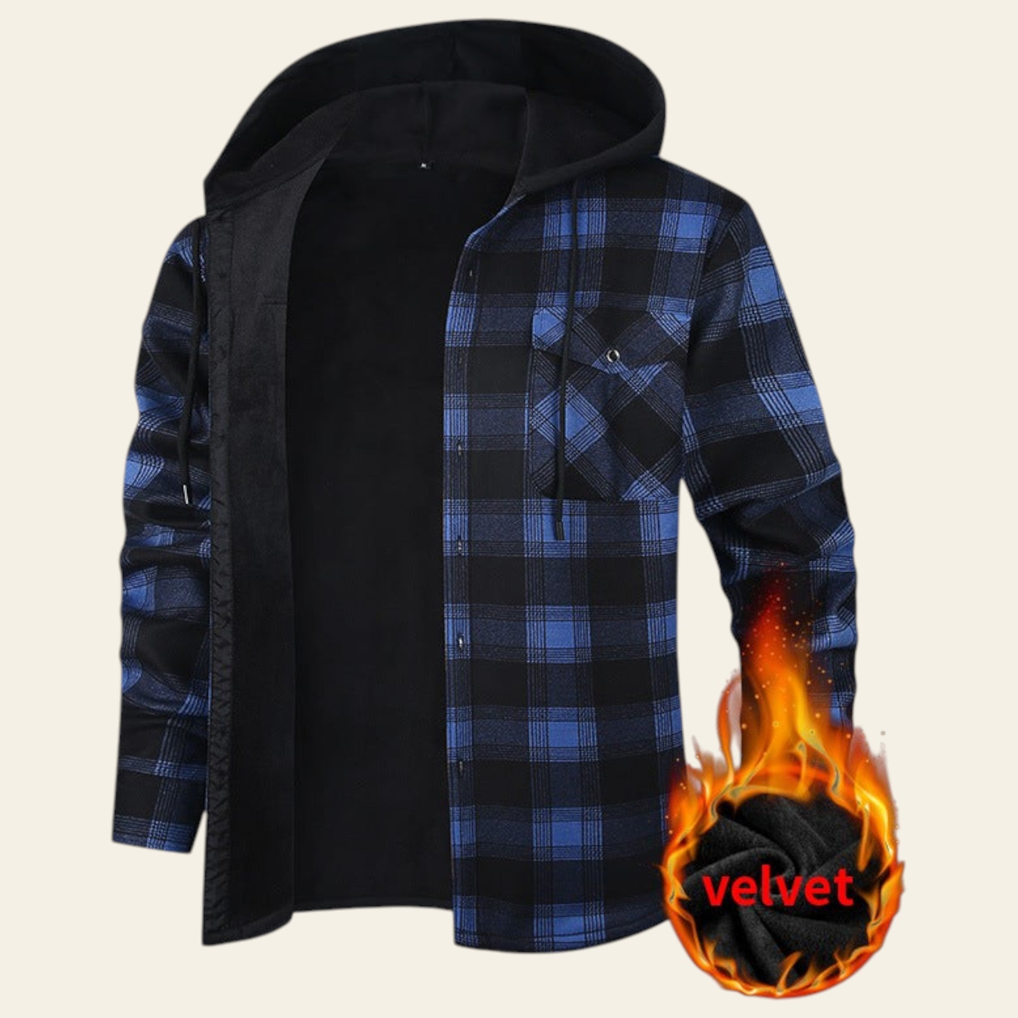 Blue and black plaid hooded jacket with velvet flam detail