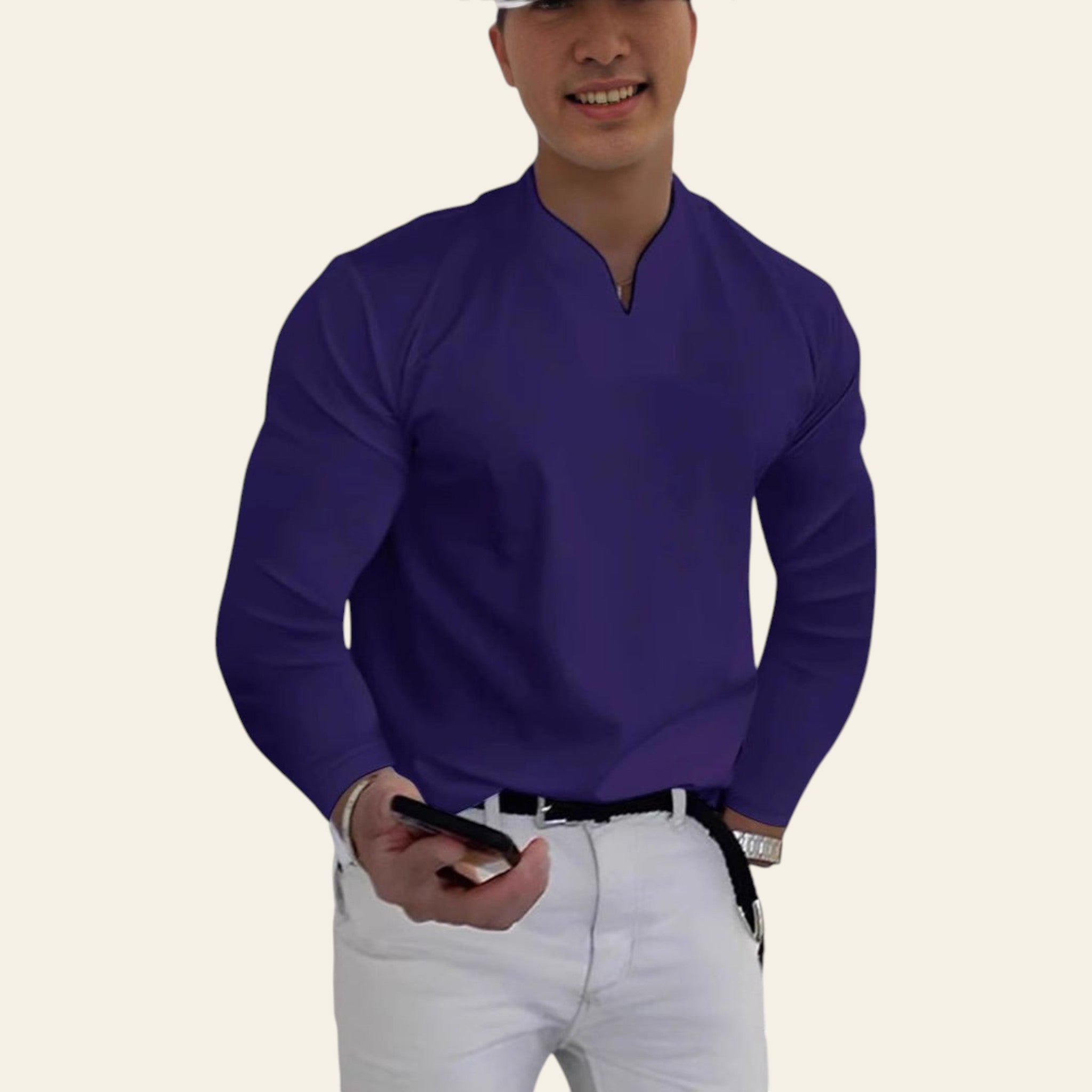 Man wearing a navy blue V-neck long sleeve breathable T-shirt
