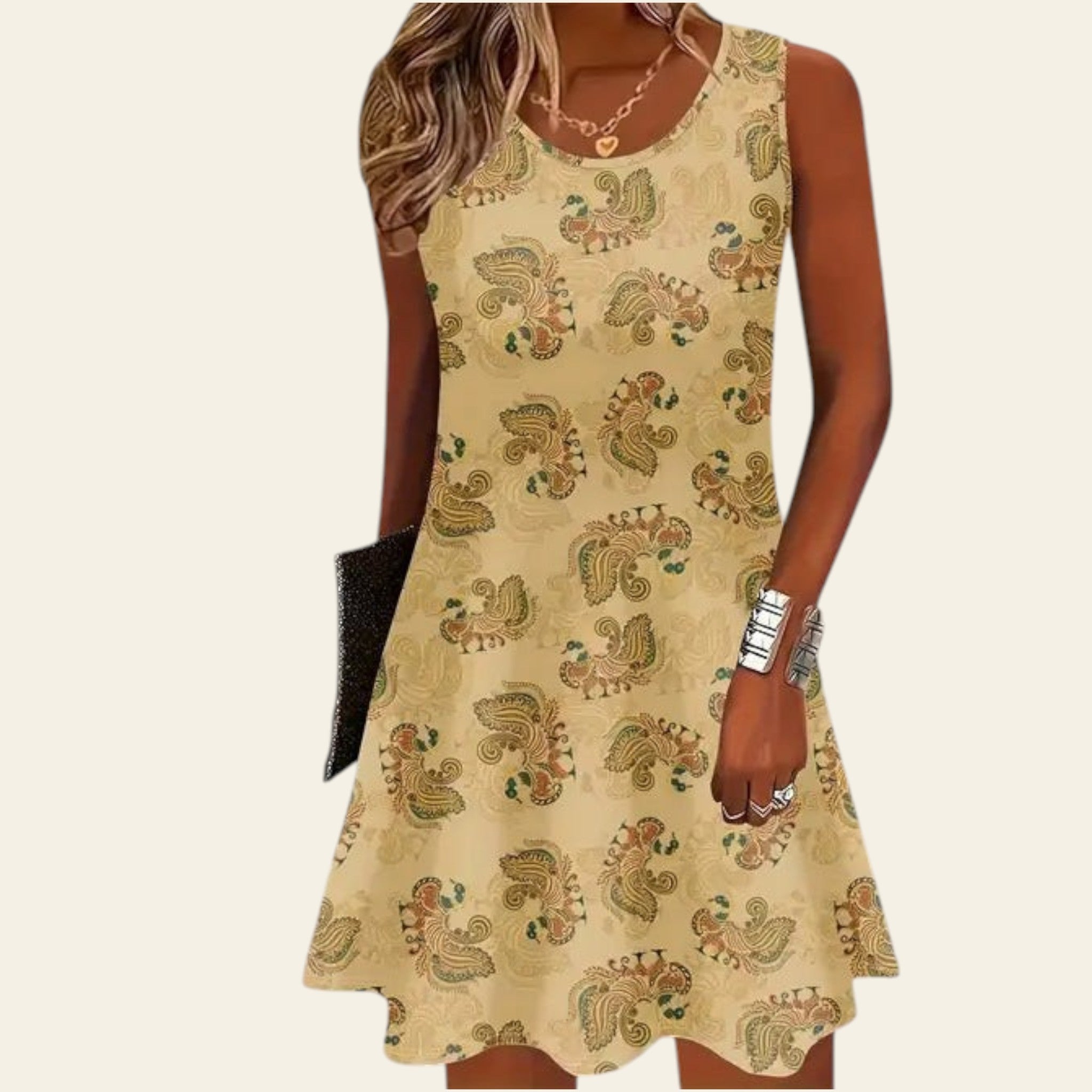 woman wearing a sleeveless beige floral dress with a soft vintage-style pattern