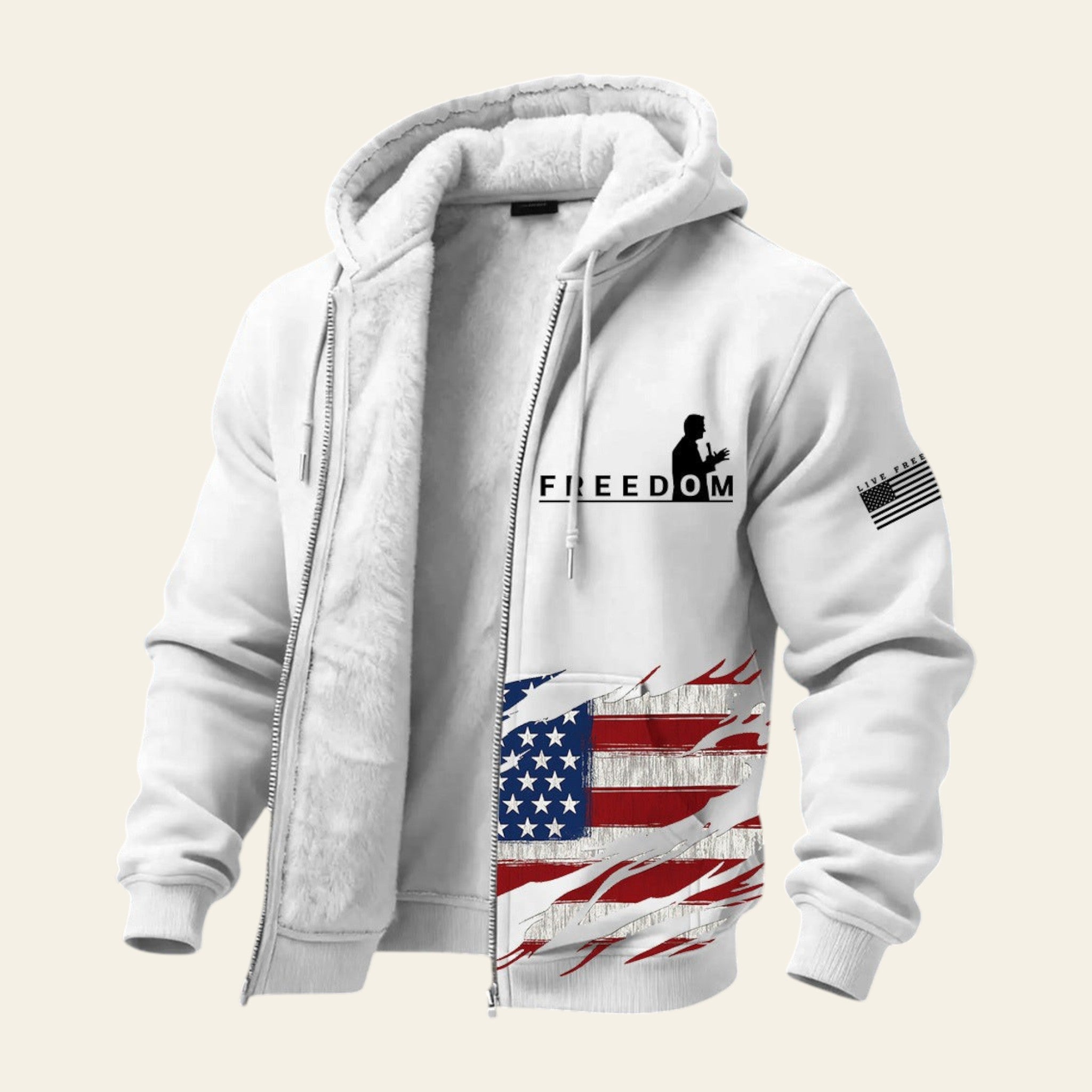 Men's white hoodie with American flag graphic and "FREEDOM" text on textured background
