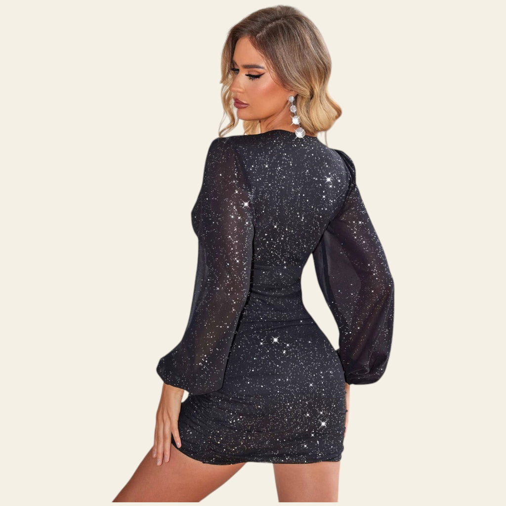 Black view of black sequin long sleeve mini dress