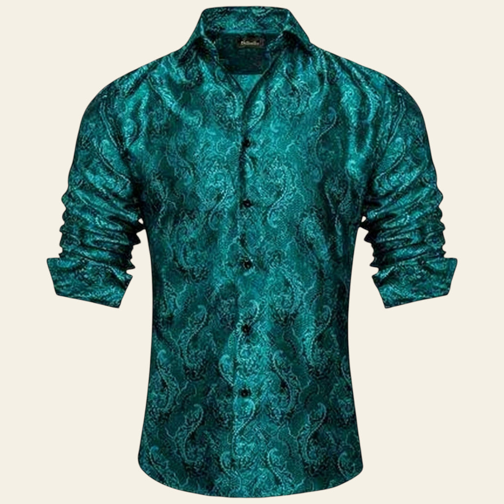 Teal patterned shirt on a white background