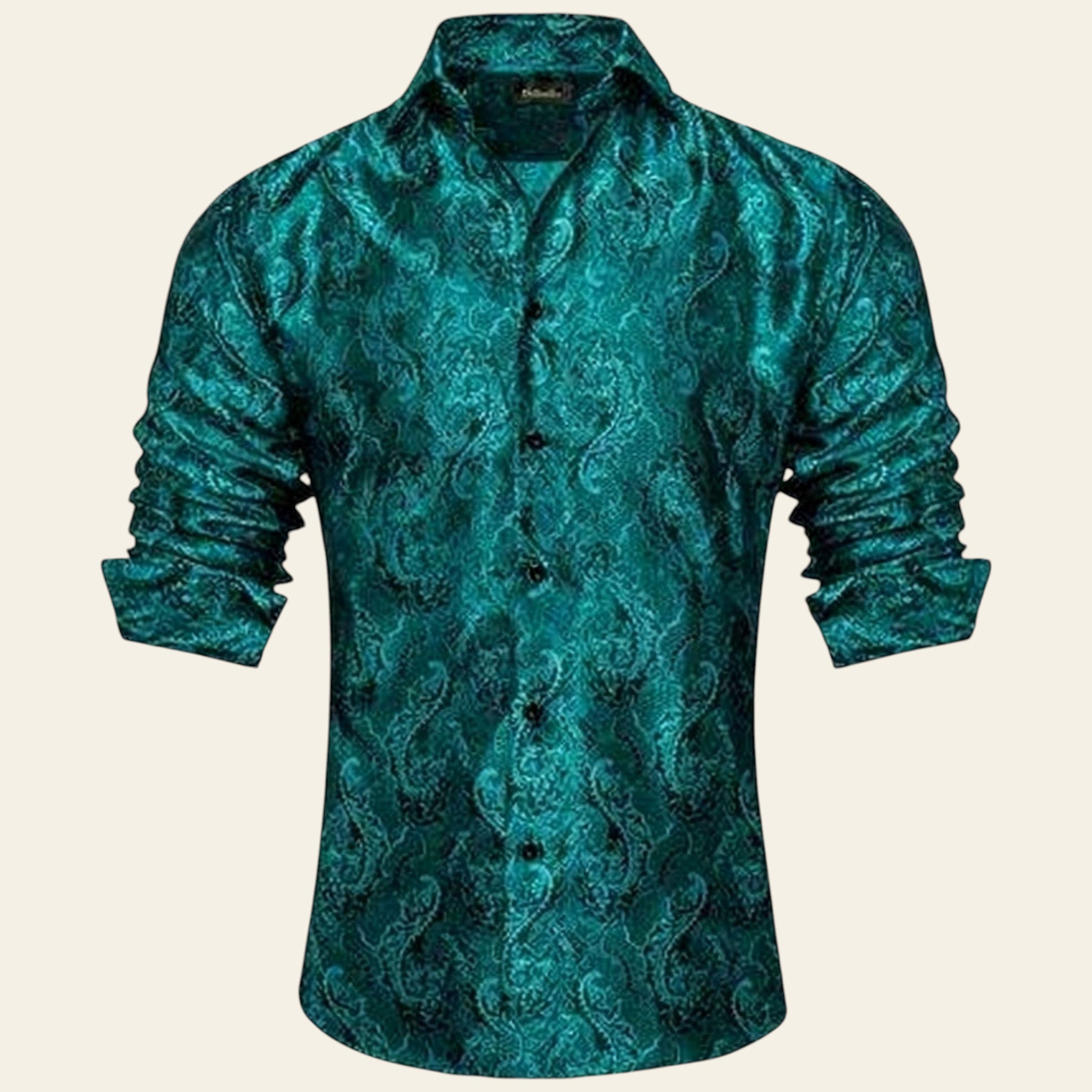 Teal patterned shirt on a white background