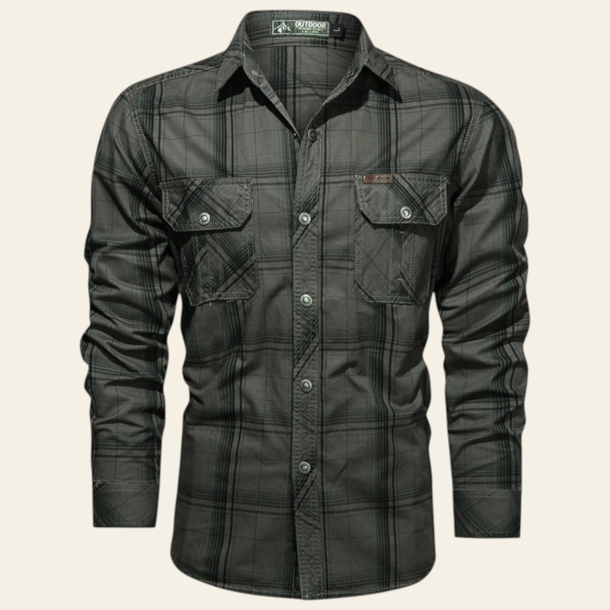 Green plaid shirt with button details on a white background