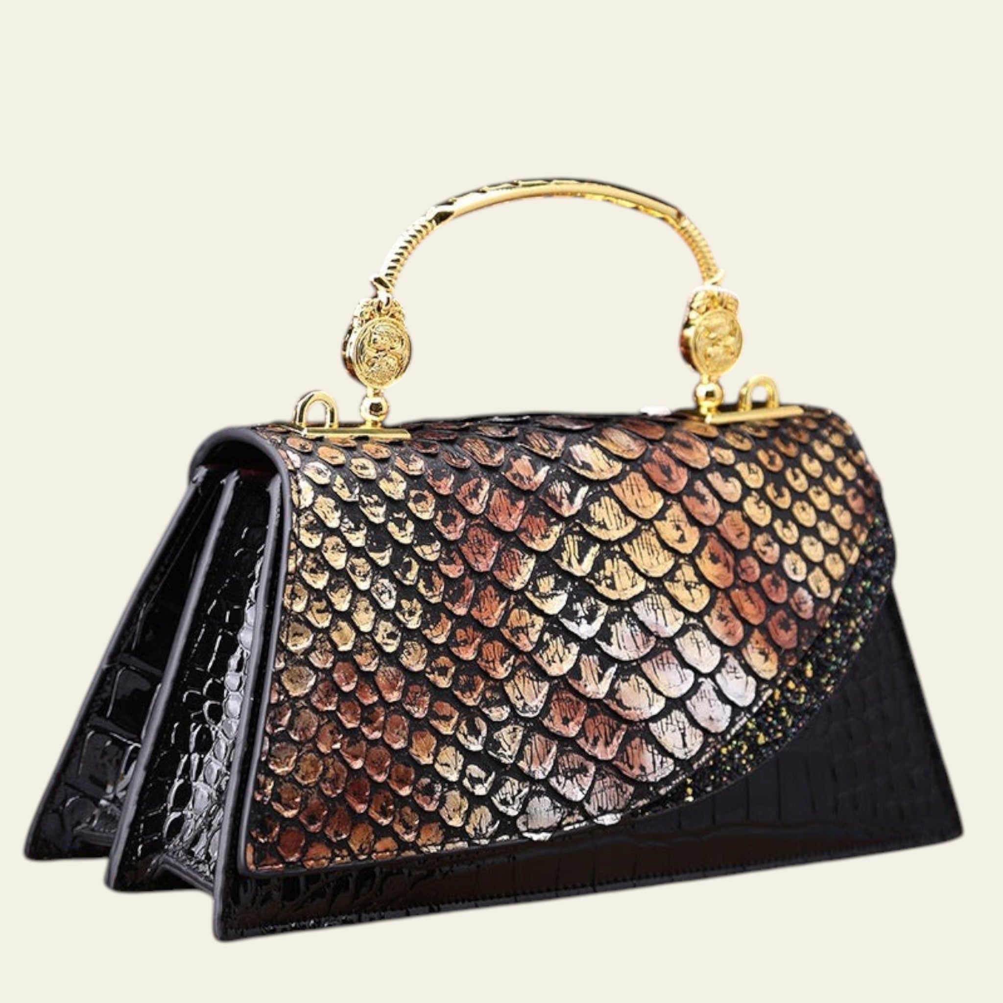 Luxury handbag with gold and black pattern on a wooden surface with flowers in the background