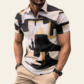 Man wearing a 3D digital print short-sleve shirt with abstract color-block design