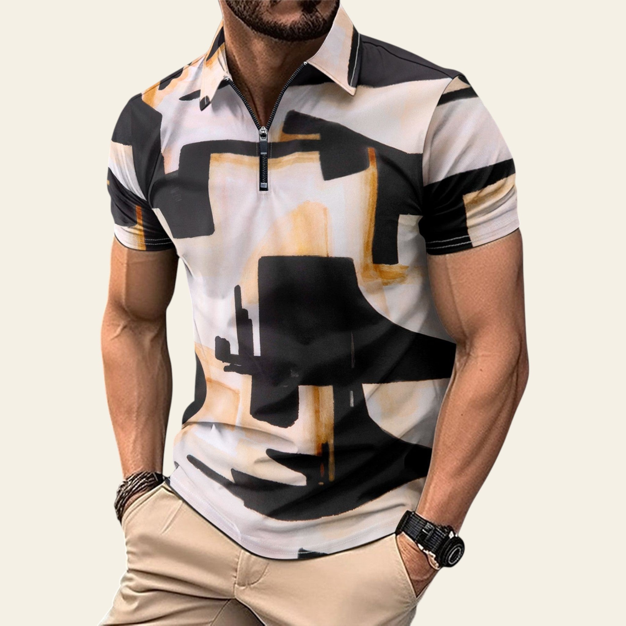 Man wearing a 3D digital print short-sleve shirt with abstract color-block design