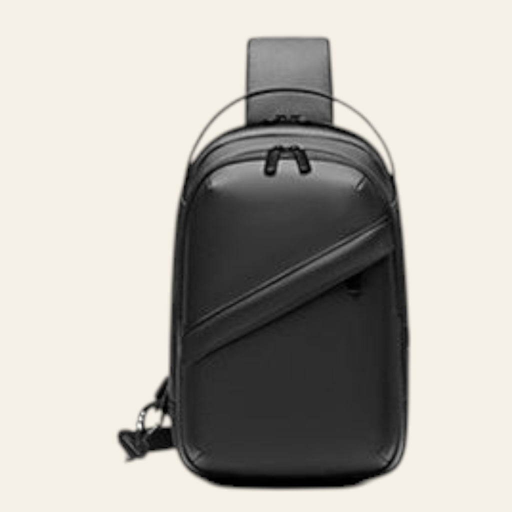 Black sling bag on a white background