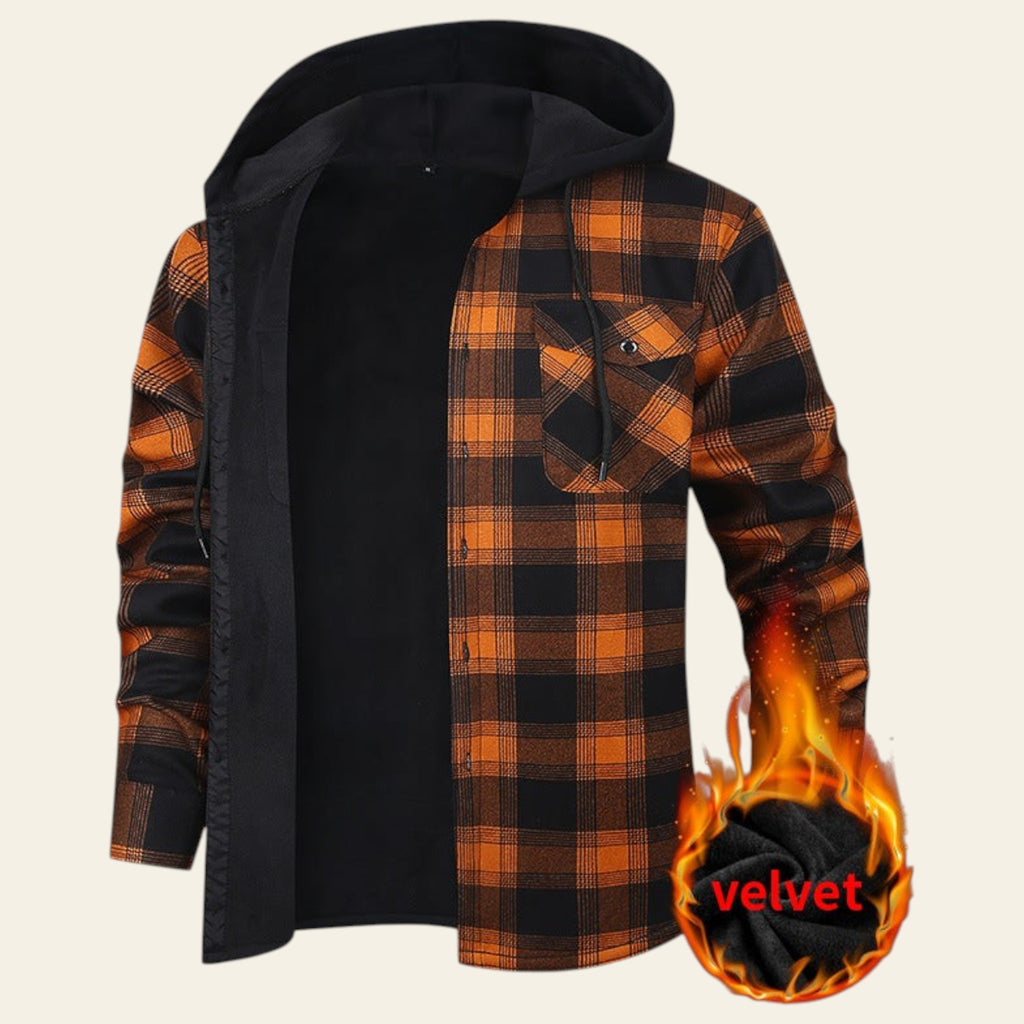 Orange and black plaid hooded jacket with velvet flame detail