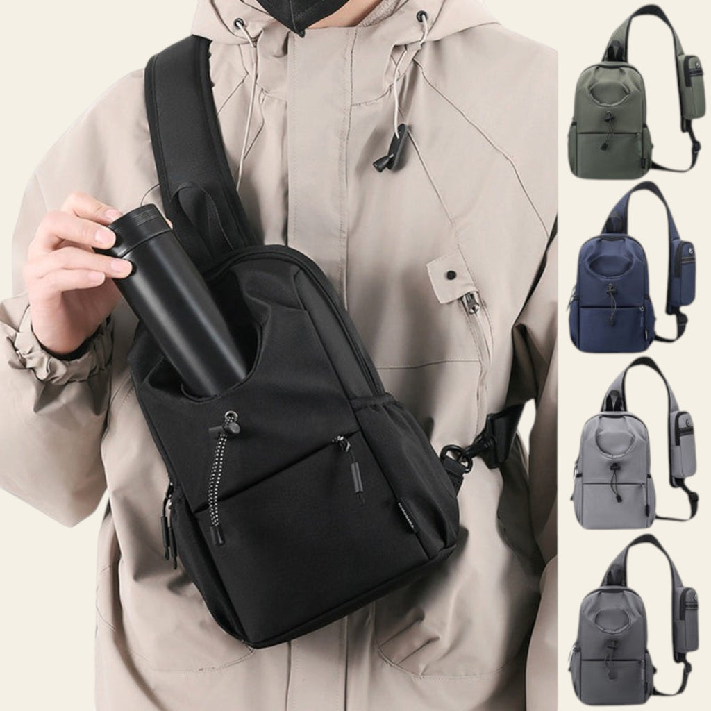 Person wearing a black backpack with additional smaller backpacks displayed in various colors.
