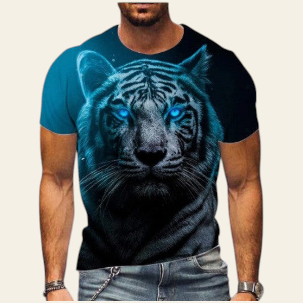 Person wearing a t-shirt with a blue tiger graphic design.