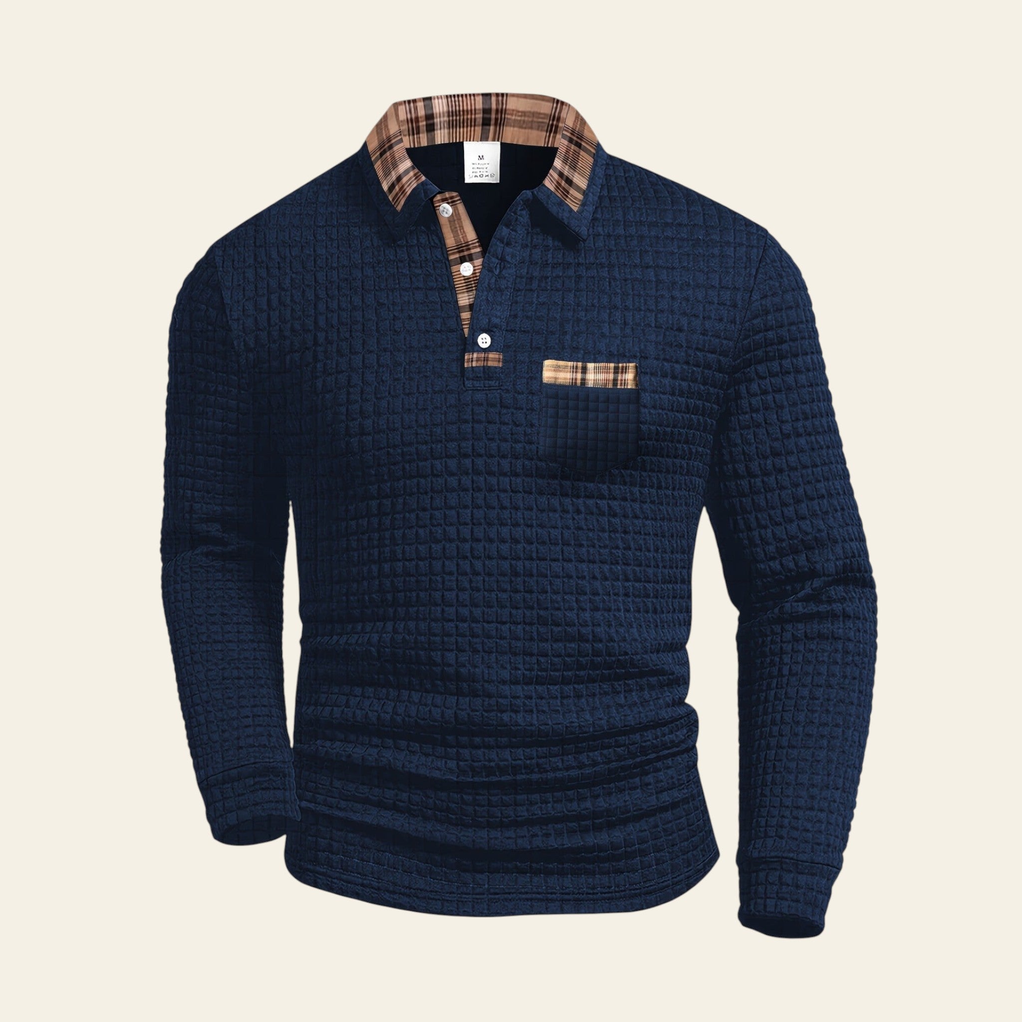Men's textured long sleeve shirt with plaid collar- Navy blue color