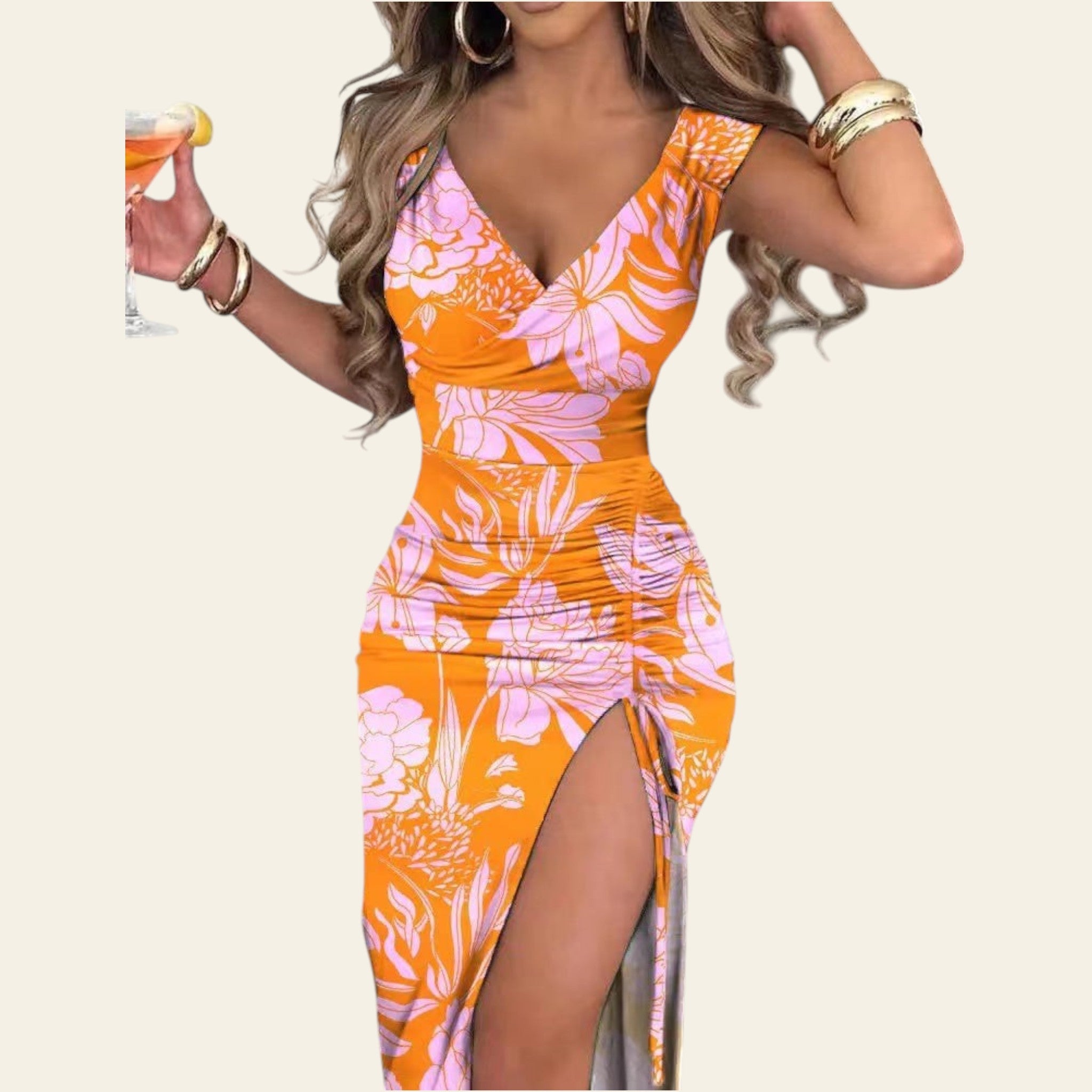 Woman wearing an orange floral slit slim fit dress