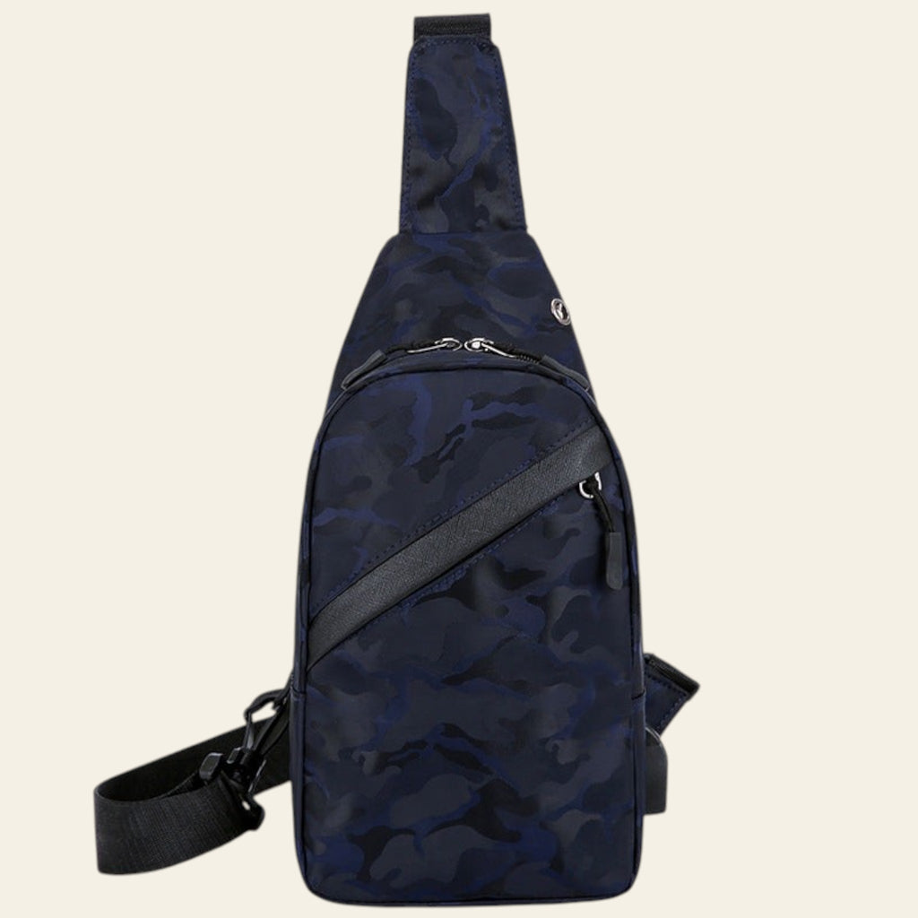 Navy blue camouflage sling bag on a white background
