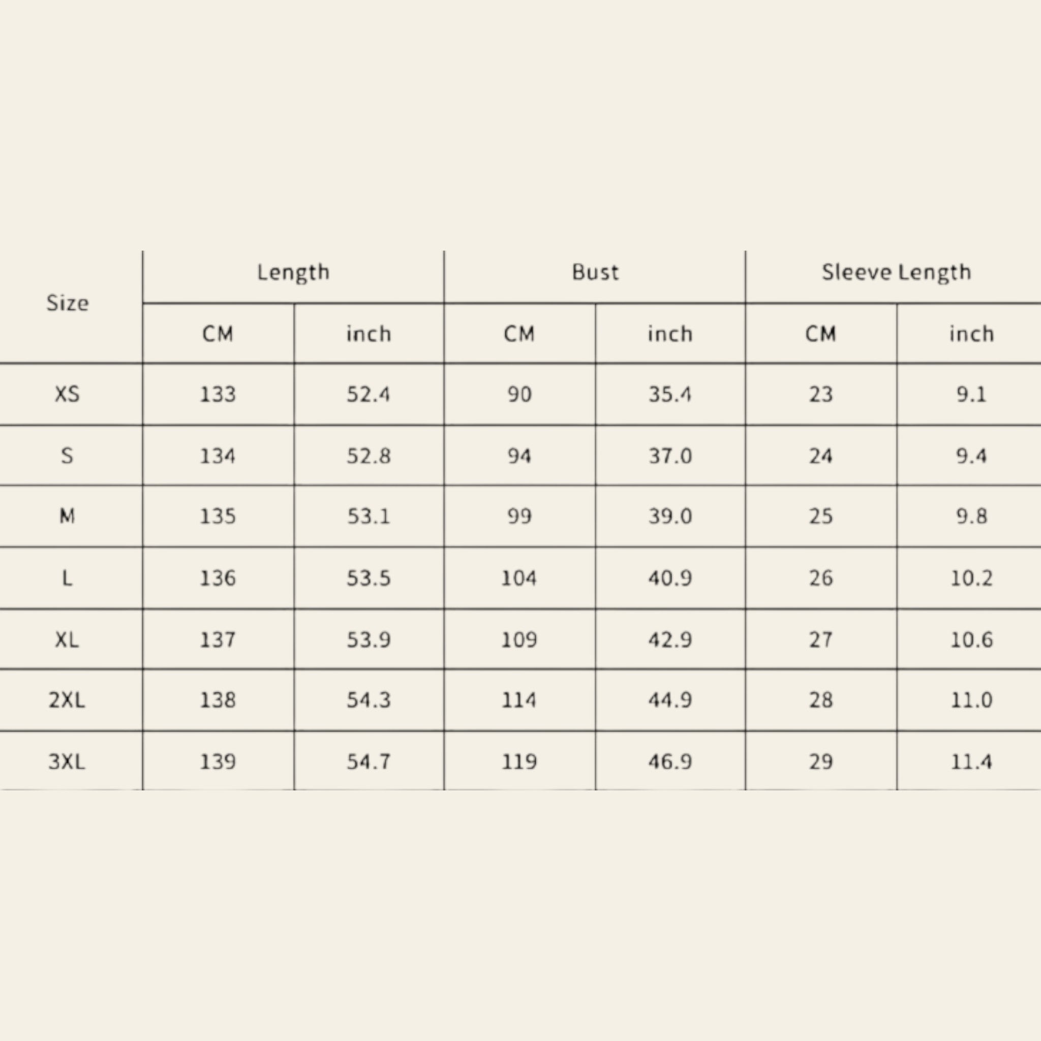 Women's dress size chart XS-3XL