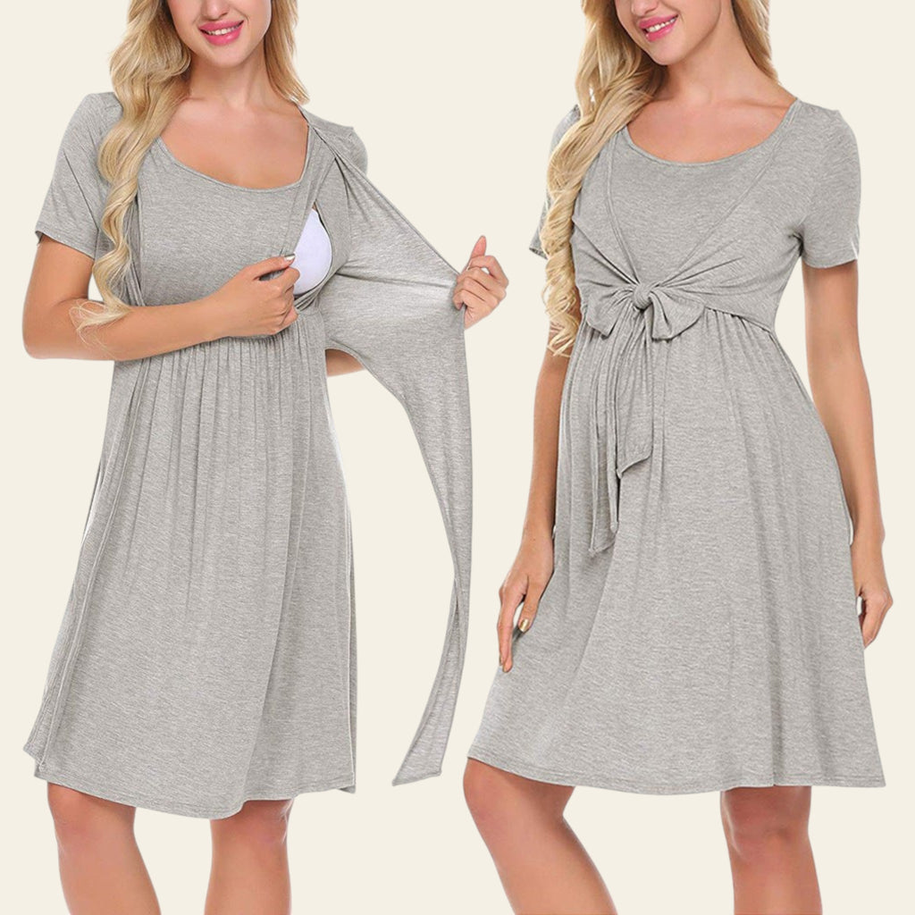 Gray short sleeve nursing dress with tie front design