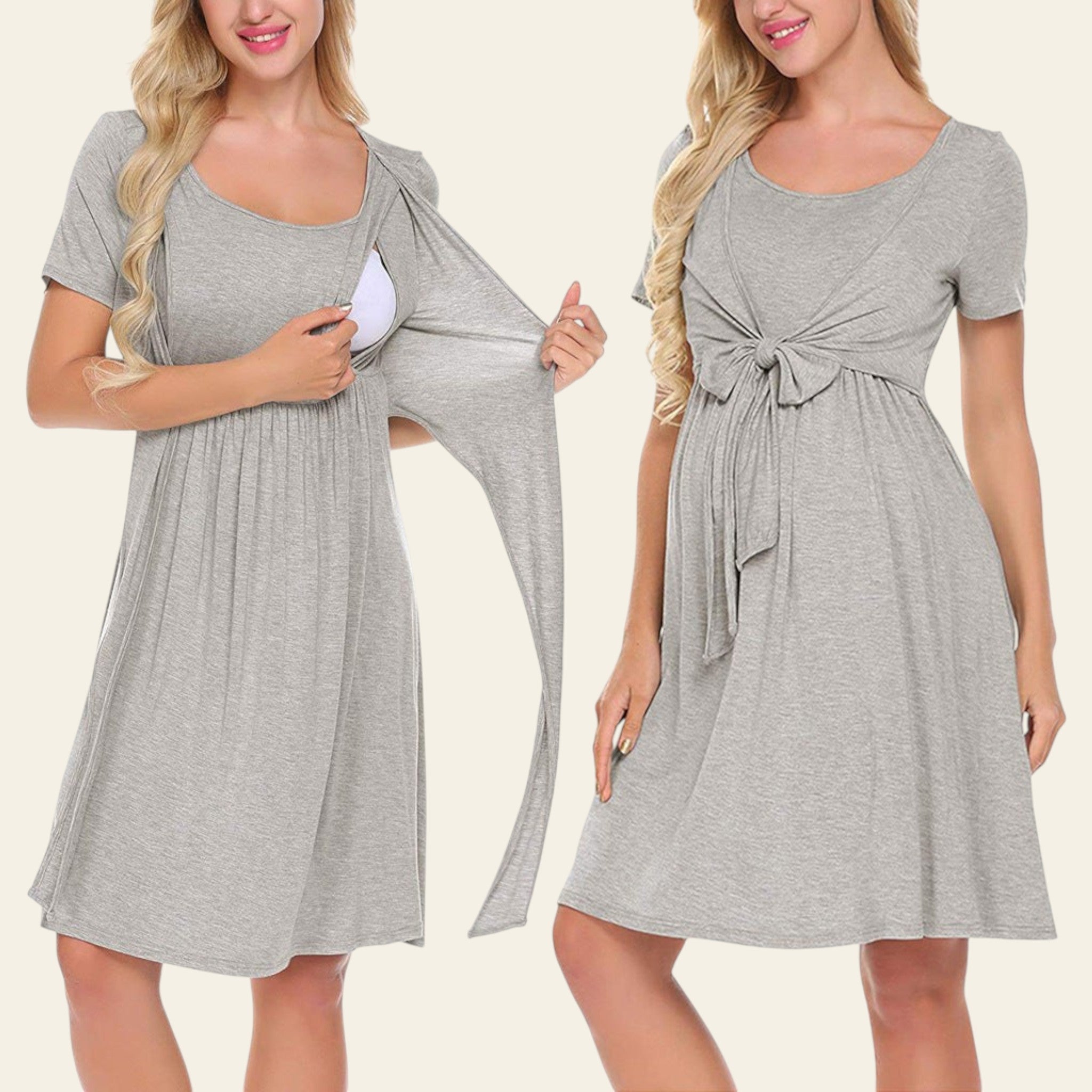 Gray short sleeve nursing dress with tie front design