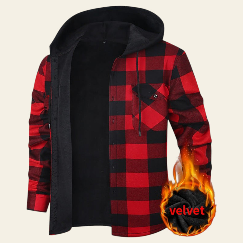 Red and black plaid hooded jacket with velvet flame detail