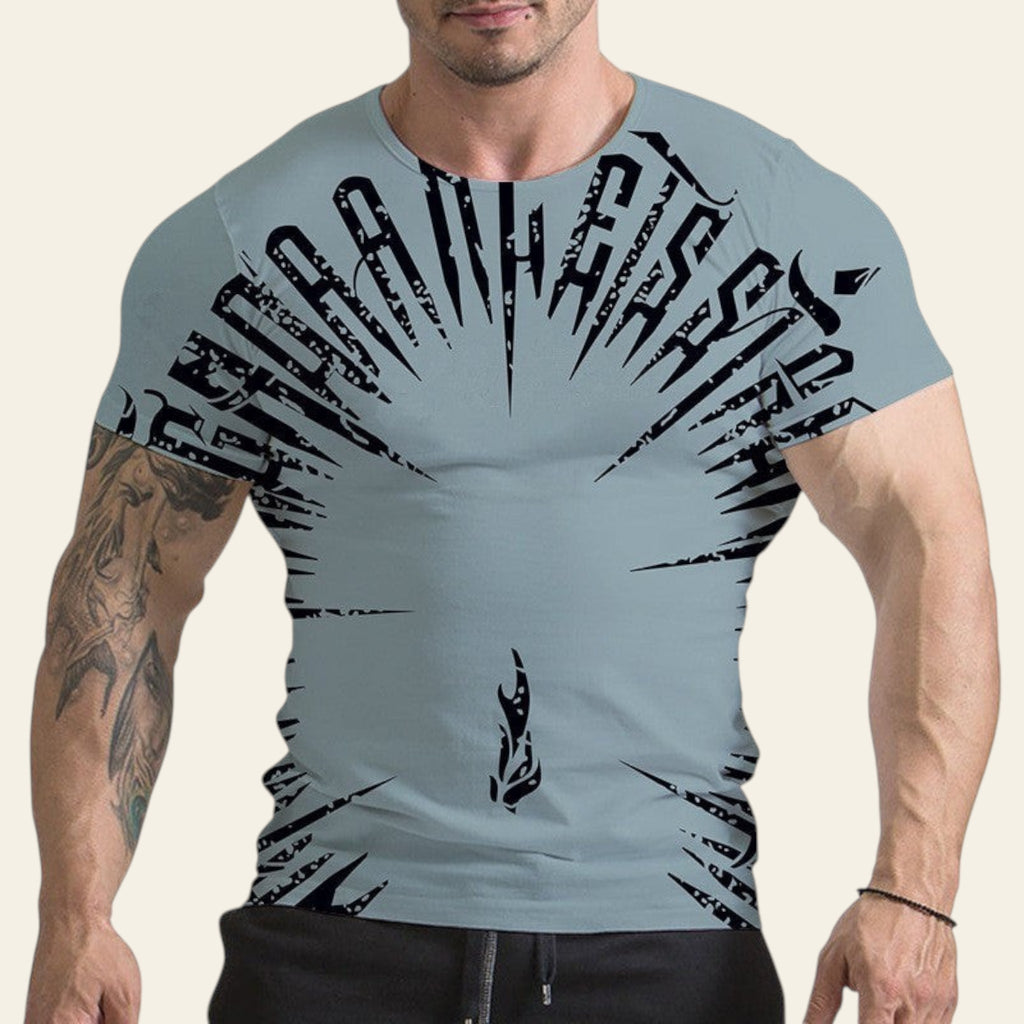 Man wearing a gray t-shirt with black graphic design on a white background