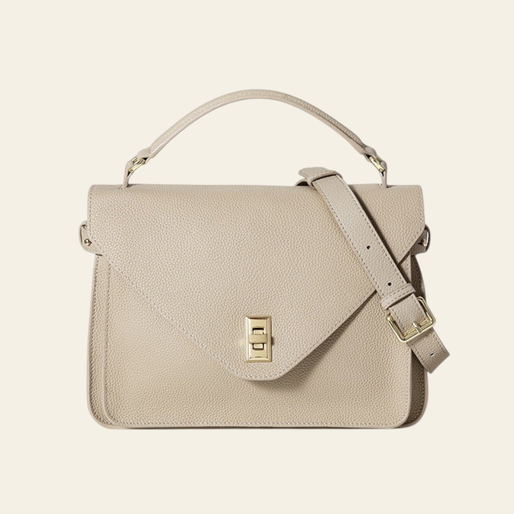 Beige handbag with a gold clasp on a white background