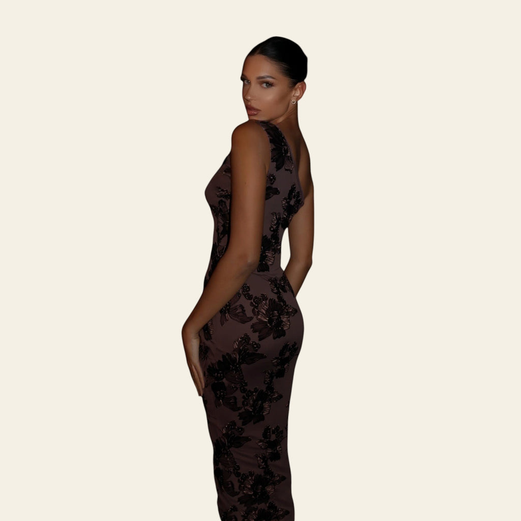 Brown lace one-shoulder maxi dress for formal events