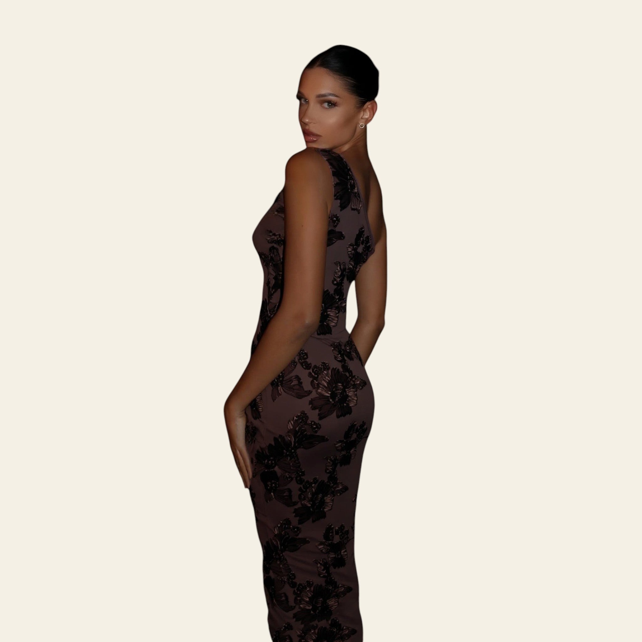 Brown lace one-shoulder maxi dress for formal events
