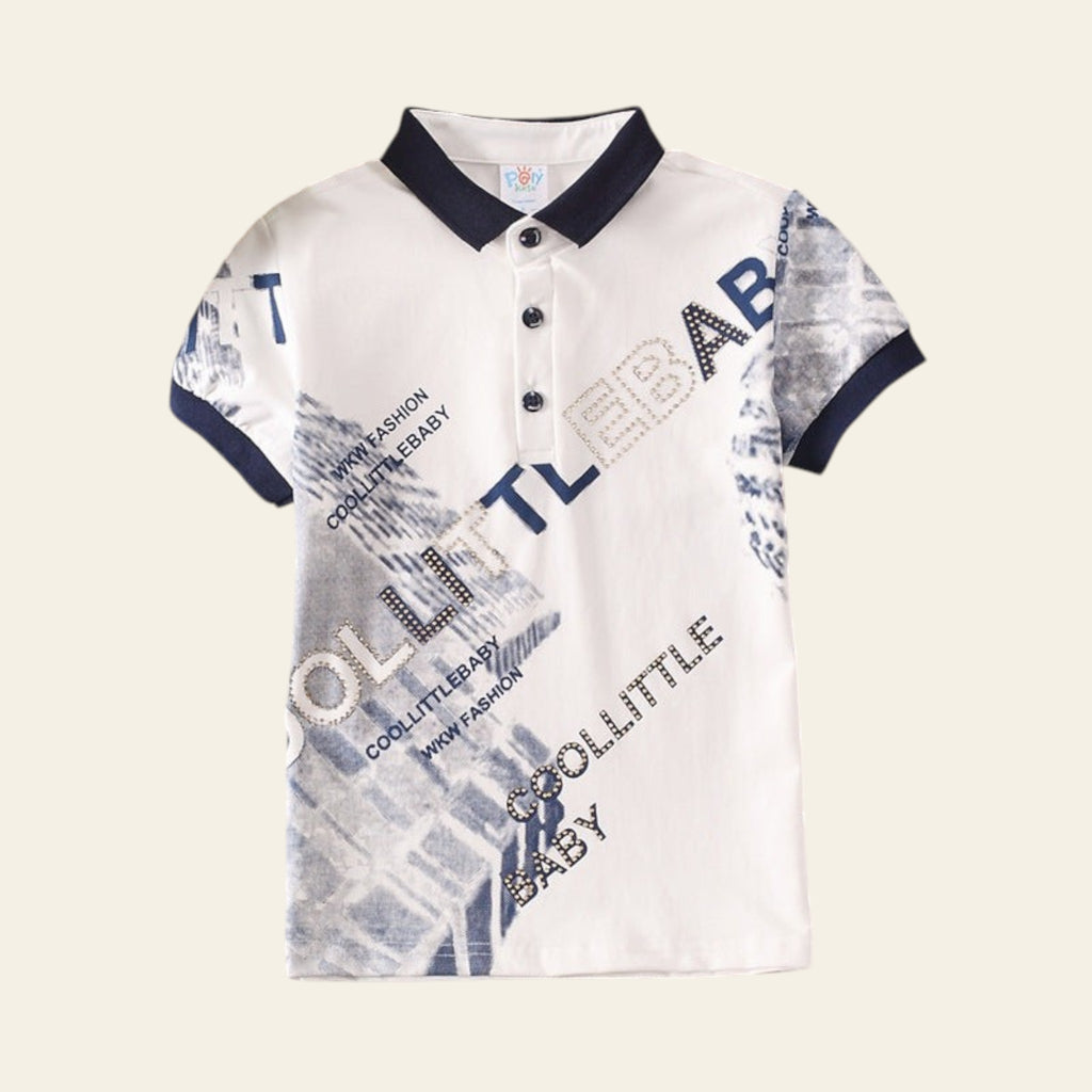 Children's polo shirt with text design on a striped surface